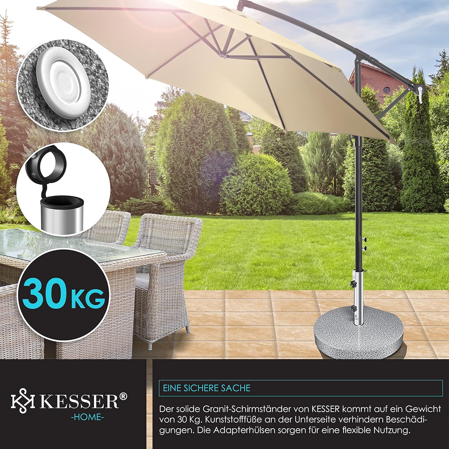 KESSER® Granit Sonnenschirmständer Edelstahlrohr 30 kg Rundsockel 16‑48 mm Stangen Transportgriff