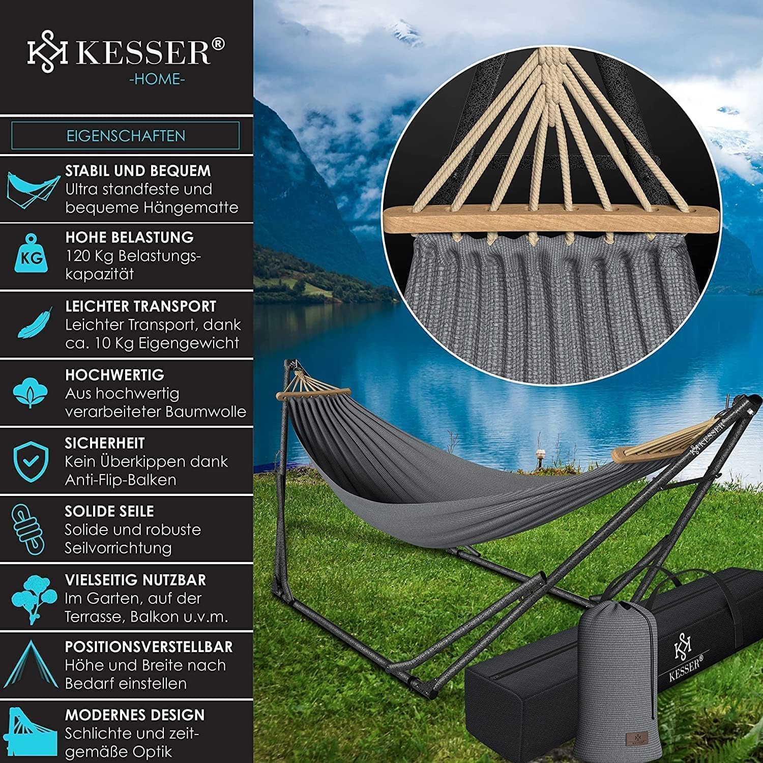 KESSER Hängemattengestell Metall faltbar verstellbar Indoor/Outdoor inkl. Tragetasche