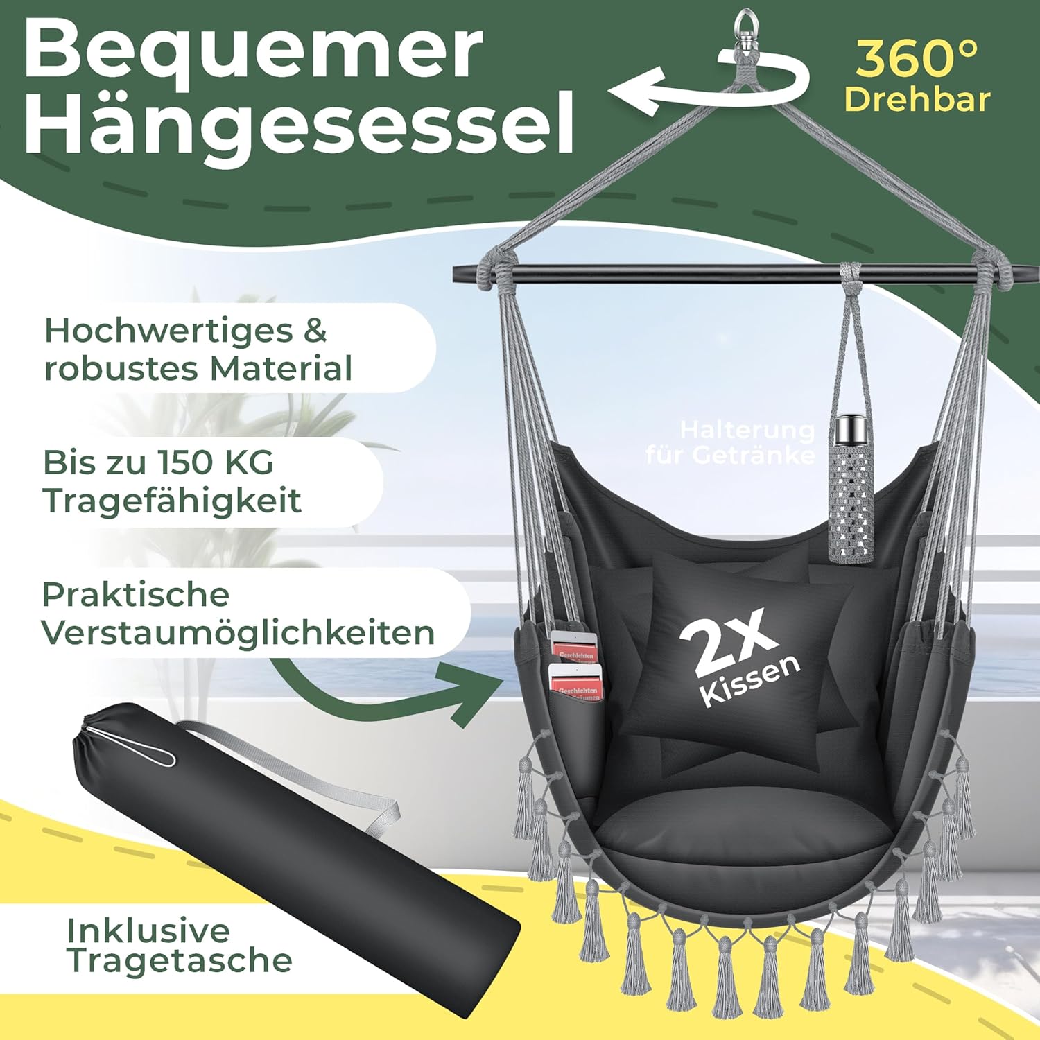 KESSER® Hängesessel XXL – 150 kg Tragkraft, Indoor‑Outdoor, mit Tragetasche & 2 Kissen