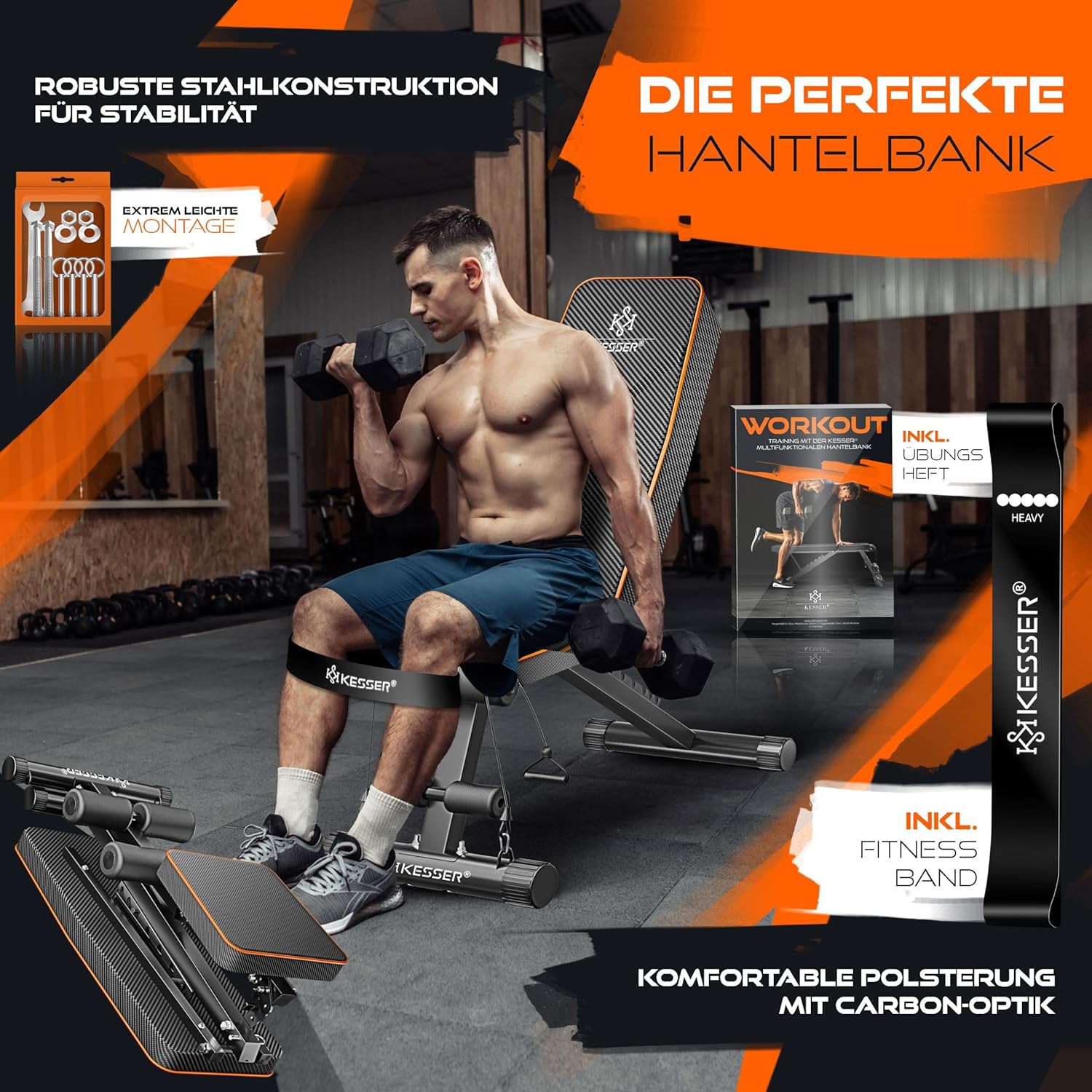 KESSER Hantelbank Klappbar 500 kg, verstellbare Rückenlehne, Multifunktions‑Schrägbank