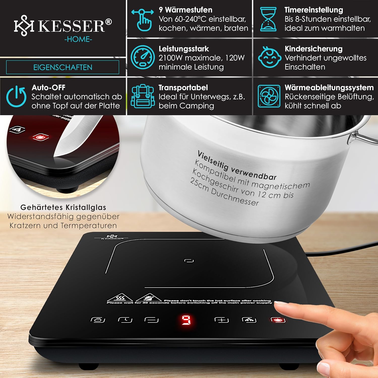 KESSER Induktionskochplatte 2100 W – 9 Heizstufen – 8‑h‑Timer – Touch‑Steuerung