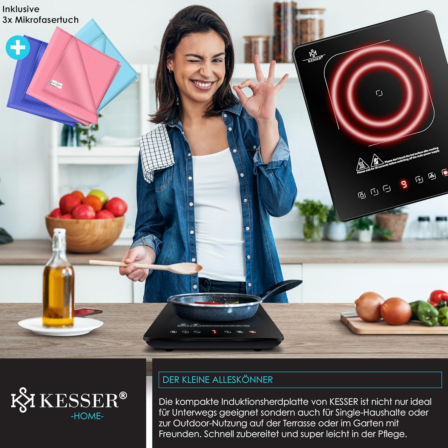KESSER Induktionskochplatte 2100 W – 9 Heizstufen – 8‑h‑Timer – Touch‑Steuerung