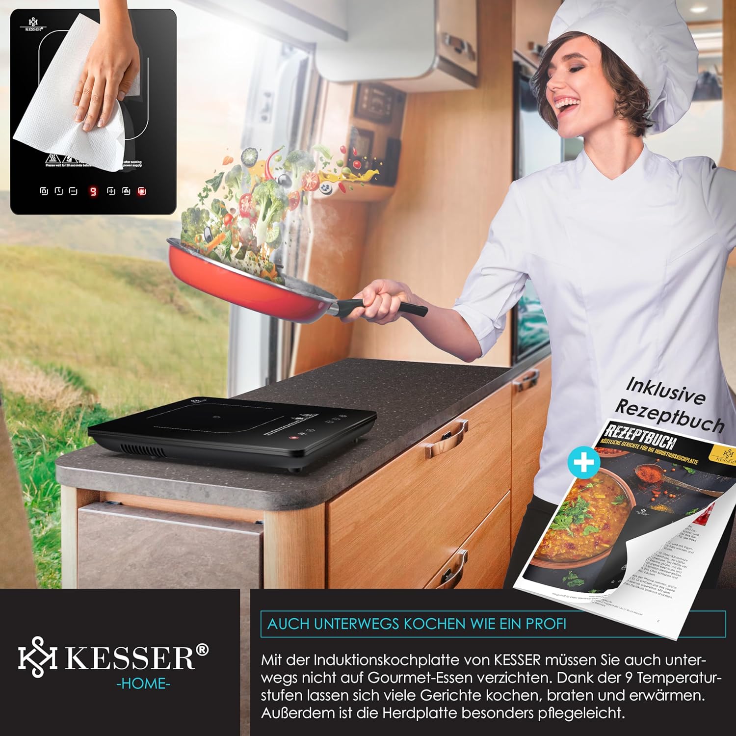 KESSER Induktionskochplatte 2100 W – 9 Heizstufen – 8‑h‑Timer – Touch‑Steuerung