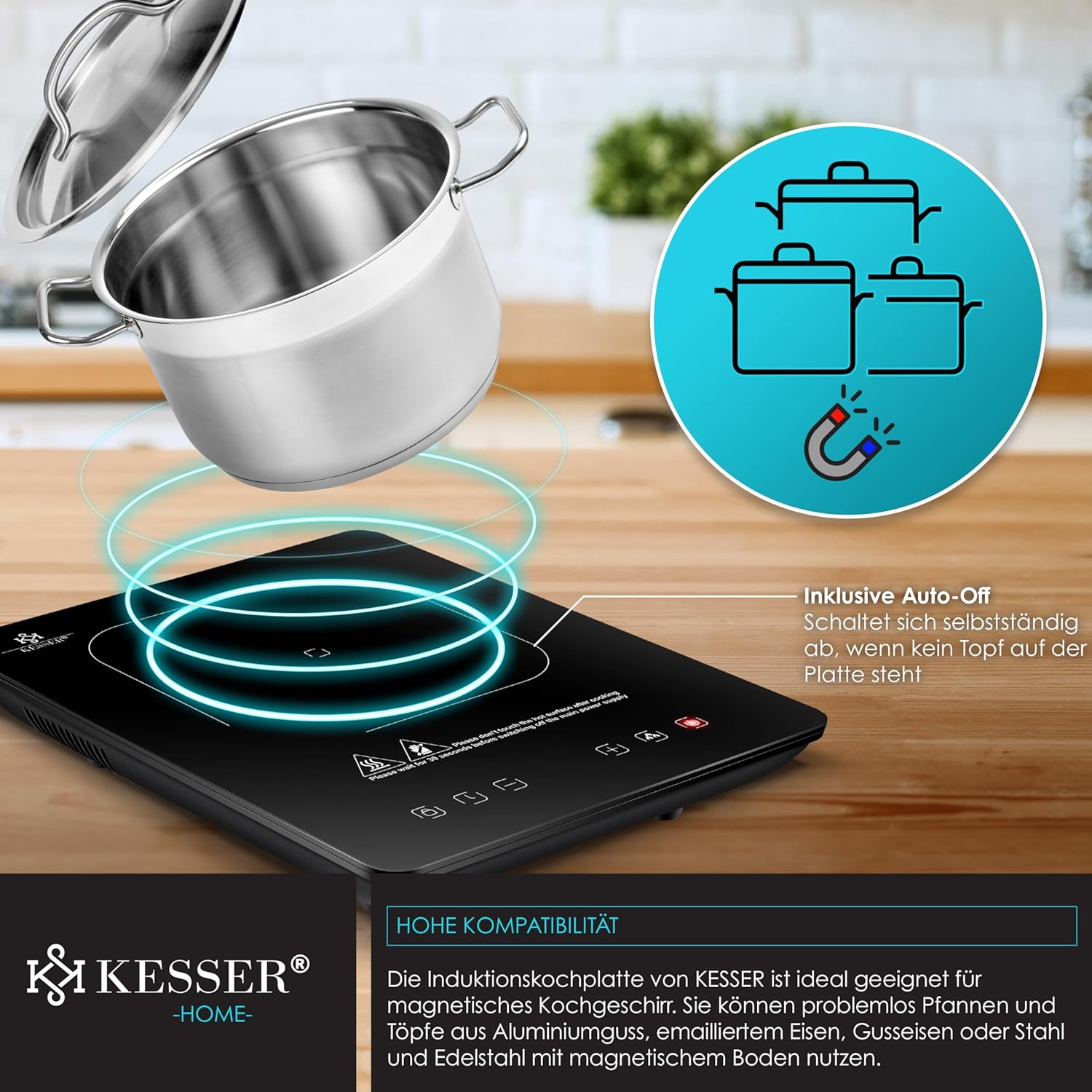 KESSER Induktionskochplatte 2100 W – 9 Heizstufen – 8‑h‑Timer – Touch‑Steuerung