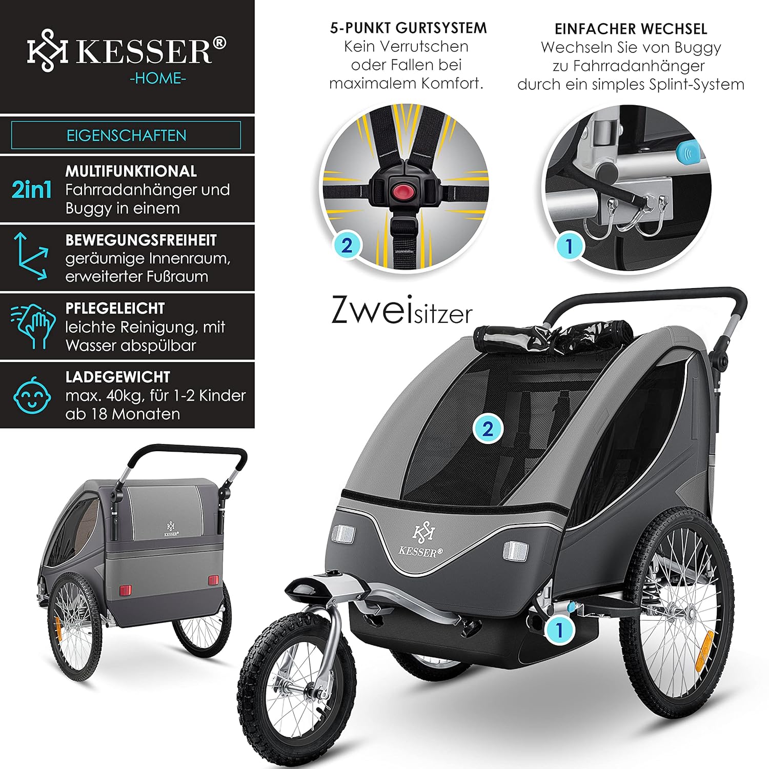 KESSER Kinderanhänger 360° drehbar, gefederte 2‑in‑1 Joggerfunktion, 5‑Punkt‑Gurt bis 40 kg