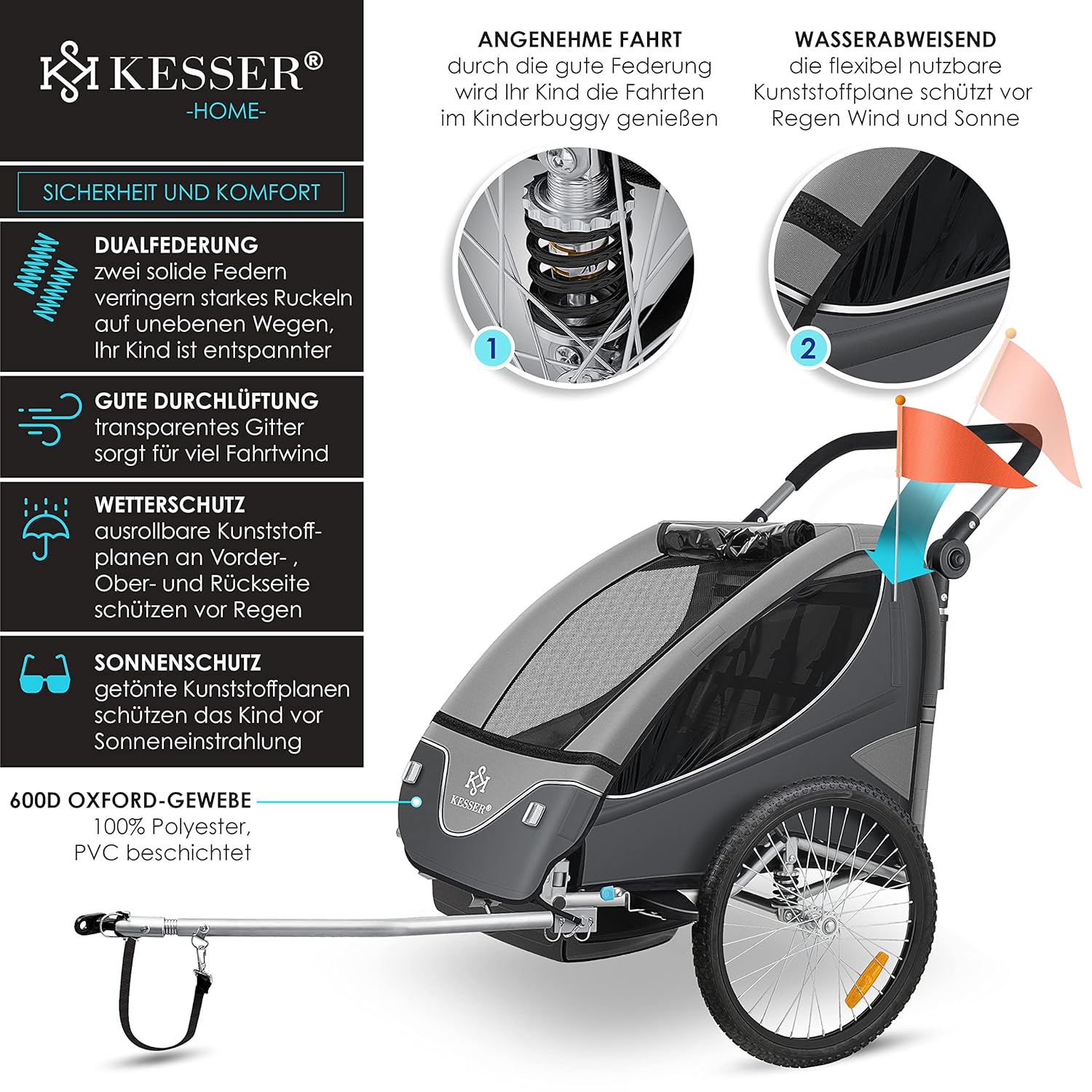 KESSER Kinderanhänger 360° drehbar, gefederte 2‑in‑1 Joggerfunktion, 5‑Punkt‑Gurt bis 40 kg