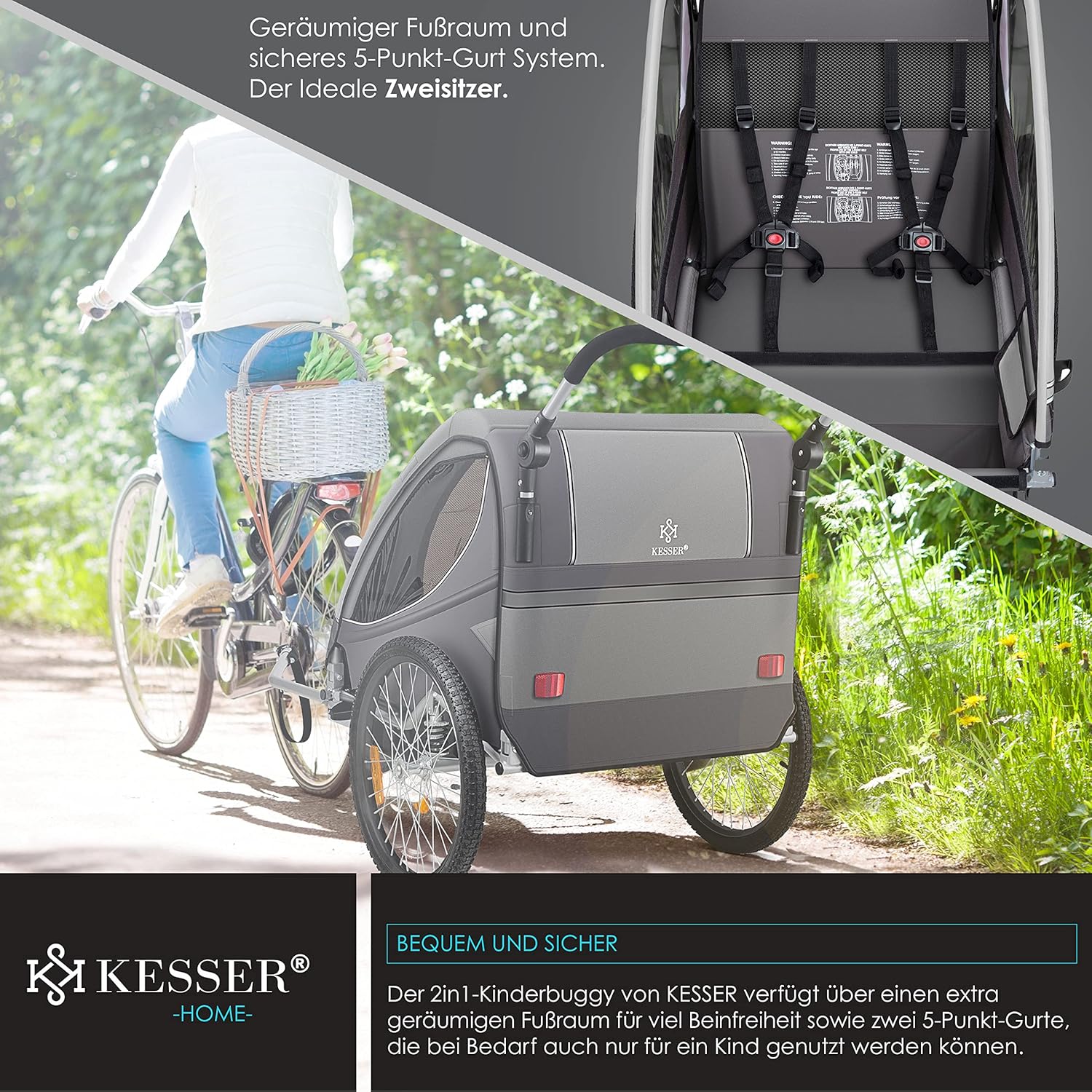 KESSER Kinderanhänger 360° drehbar, gefederte 2‑in‑1 Joggerfunktion, 5‑Punkt‑Gurt bis 40 kg
