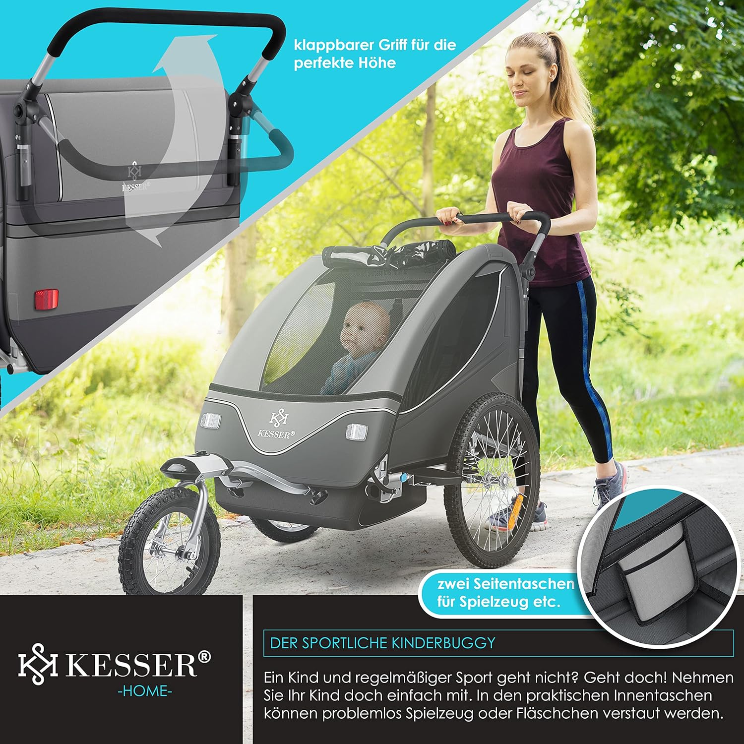 KESSER Kinderanhänger 360° drehbar, gefederte 2‑in‑1 Joggerfunktion, 5‑Punkt‑Gurt bis 40 kg