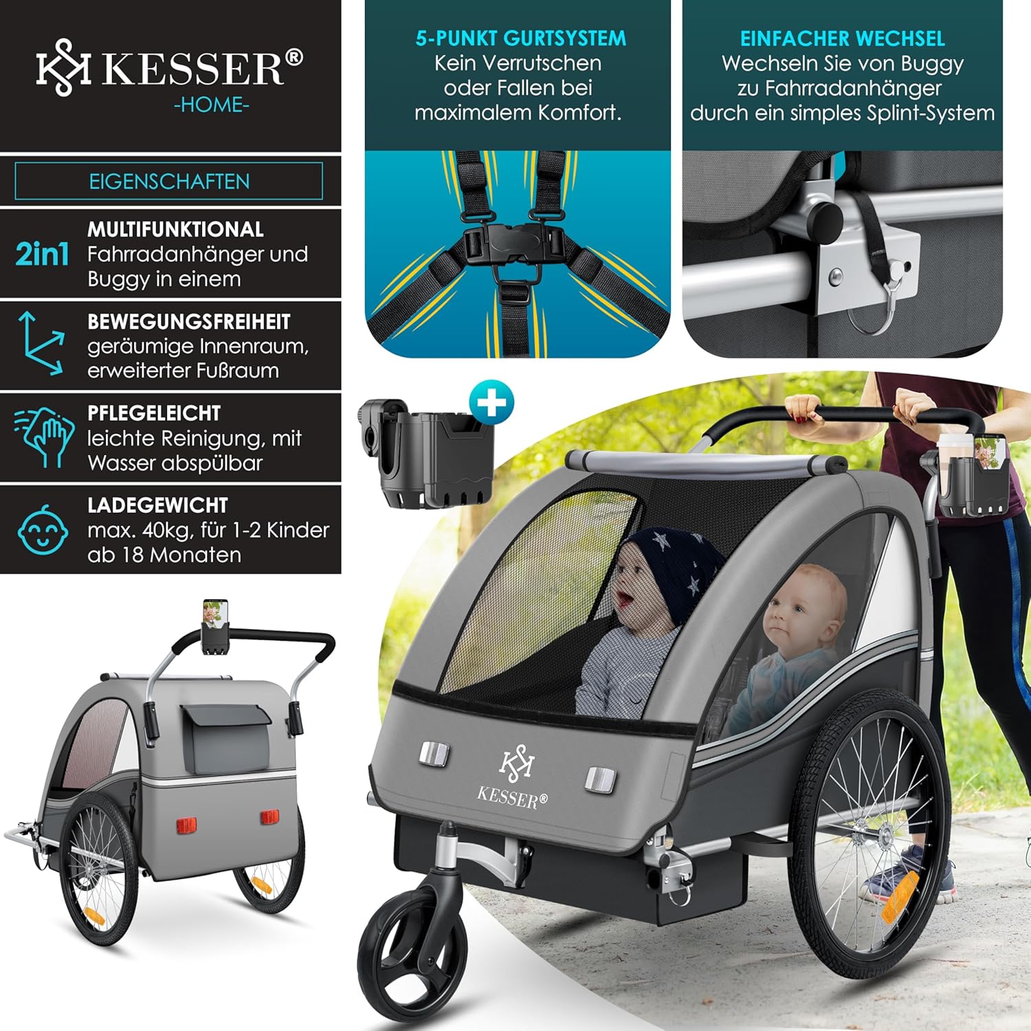 KESSER® Kinderfahrradanhänger 2in1 Jogger & Buggy – 5‑Punkt‑Sicherheitsgurt, 360°‑Drehrad, Reflektoren