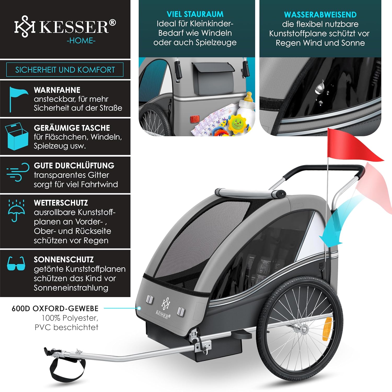 KESSER® Kinderfahrradanhänger 2in1 Jogger & Buggy – 5‑Punkt‑Sicherheitsgurt, 360°‑Drehrad, Reflektoren