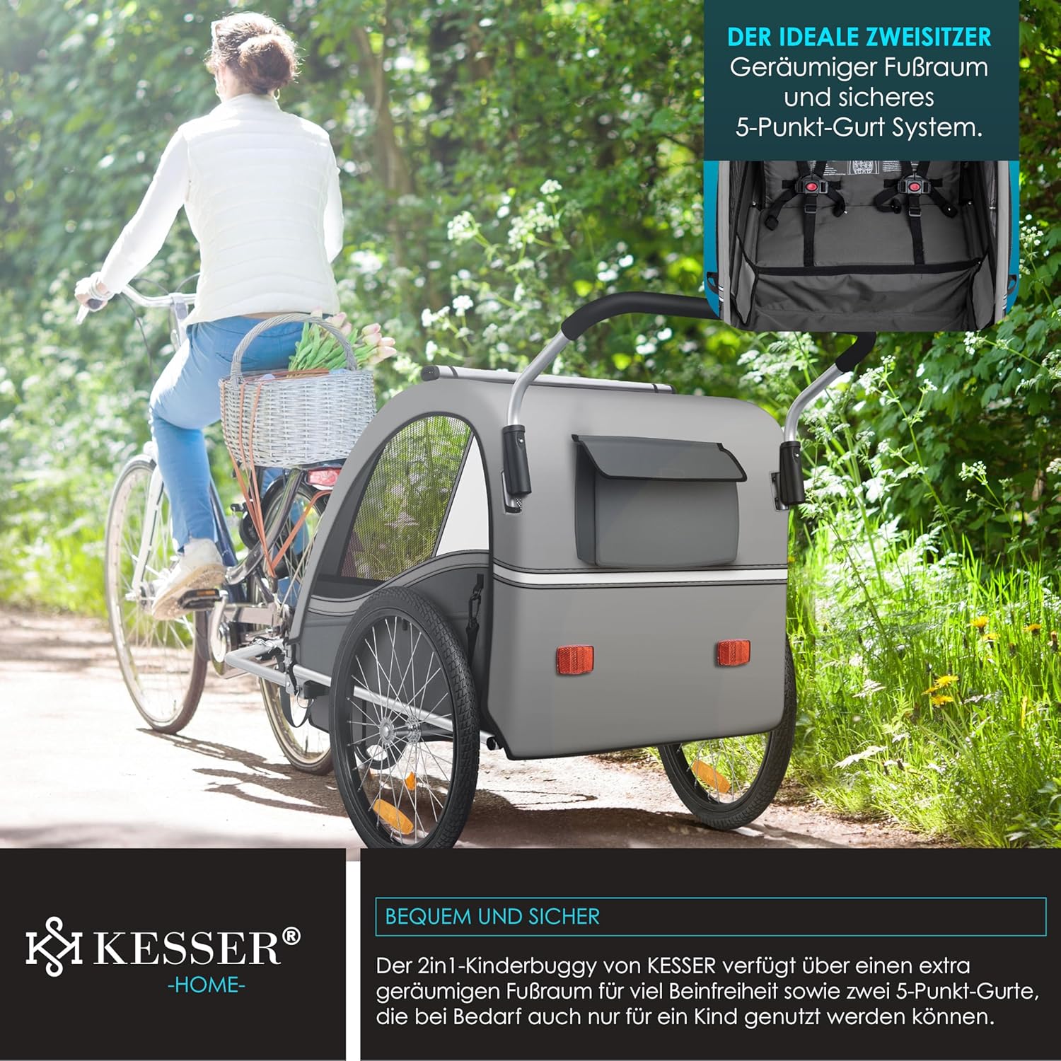 KESSER® Kinderfahrradanhänger 2in1 Jogger & Buggy – 5‑Punkt‑Sicherheitsgurt, 360°‑Drehrad, Reflektoren