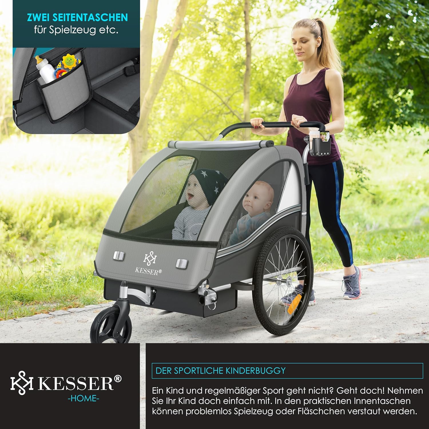 KESSER® Kinderfahrradanhänger 2in1 Jogger & Buggy – 5‑Punkt‑Sicherheitsgurt, 360°‑Drehrad, Reflektoren