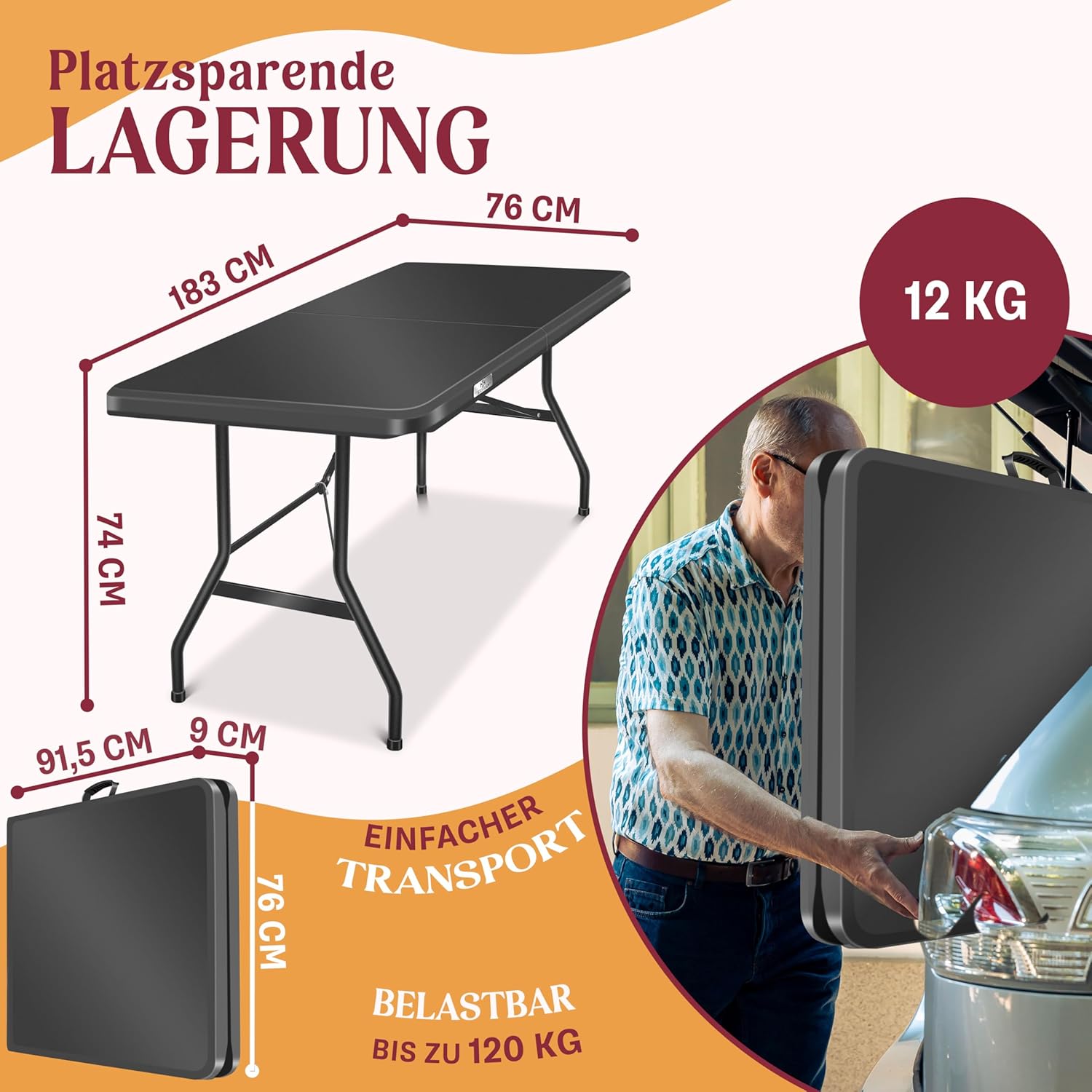 KESSER® Klappbarer Campingtisch 183×76 cm, 6‑Personen, witterungsbeständig