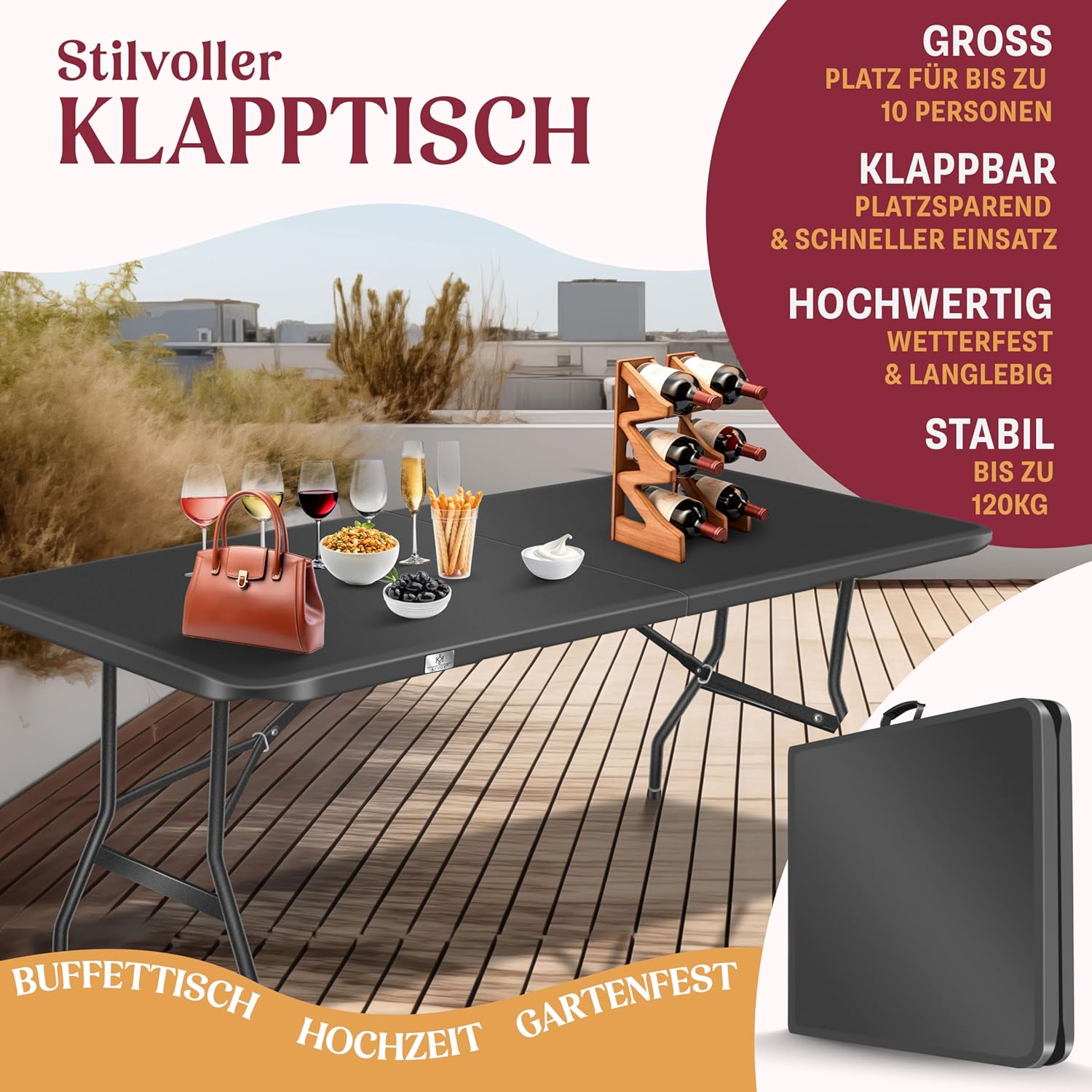 KESSER® Klappbarer Campingtisch 183×76 cm, 6‑Personen, witterungsbeständig