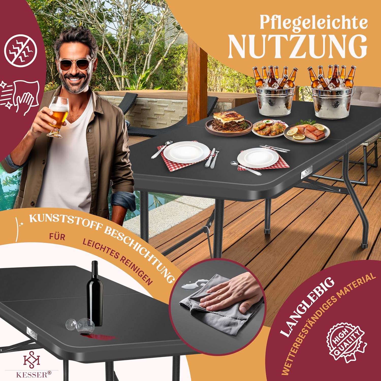 KESSER® Klappbarer Campingtisch 183×76 cm, 6‑Personen, witterungsbeständig