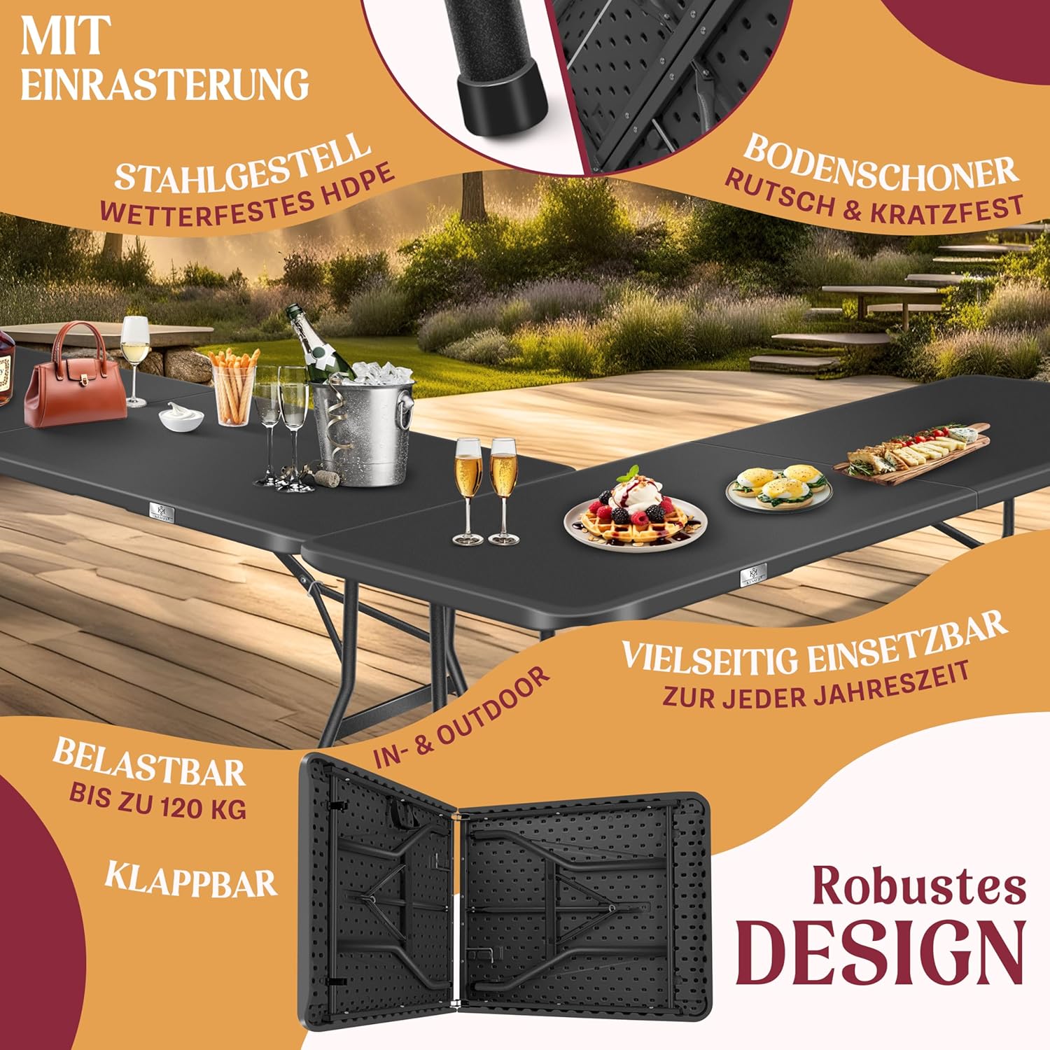 KESSER® Klappbarer Campingtisch 183×76 cm, 6‑Personen, witterungsbeständig