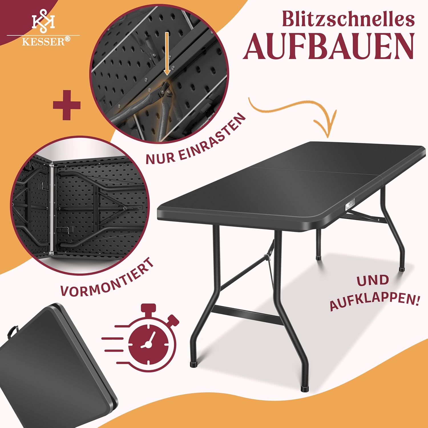 KESSER® Klappbarer Campingtisch 183×76 cm, 6‑Personen, witterungsbeständig