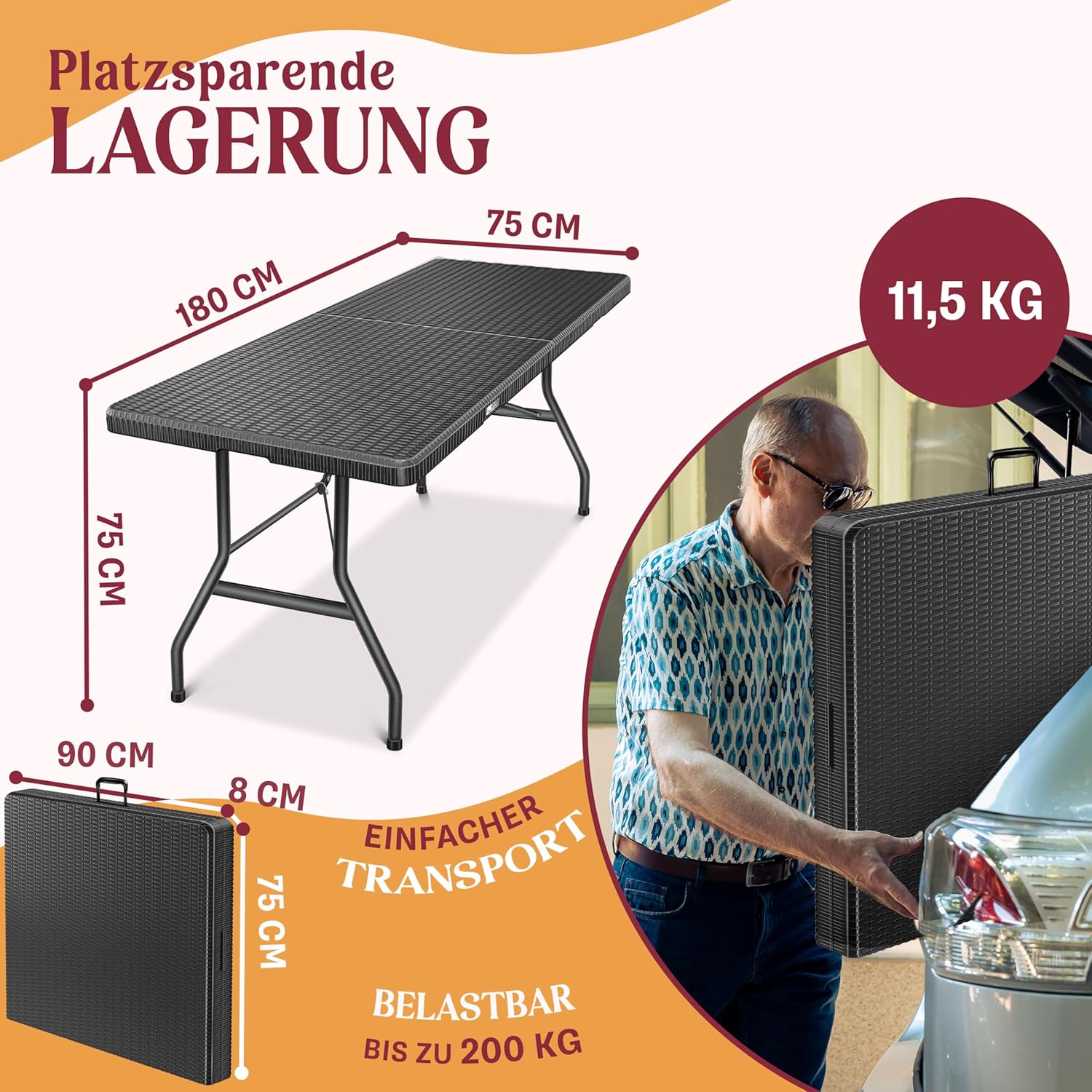 KESSER® Klapptisch 183x76 cm Rattan‑Optik – Garten & Balkon, 6 Personen