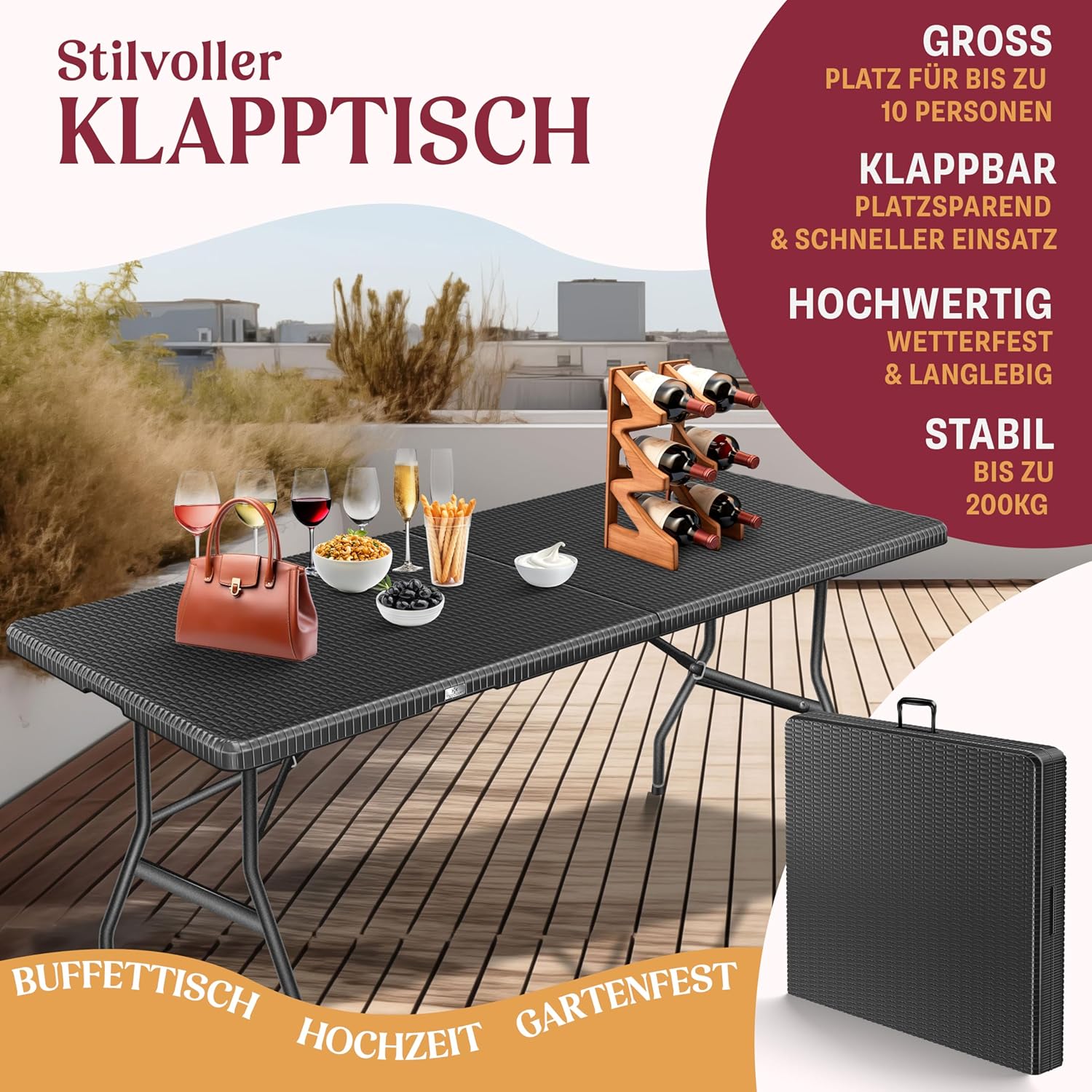 KESSER® Klapptisch 183x76 cm Rattan‑Optik – Garten & Balkon, 6 Personen