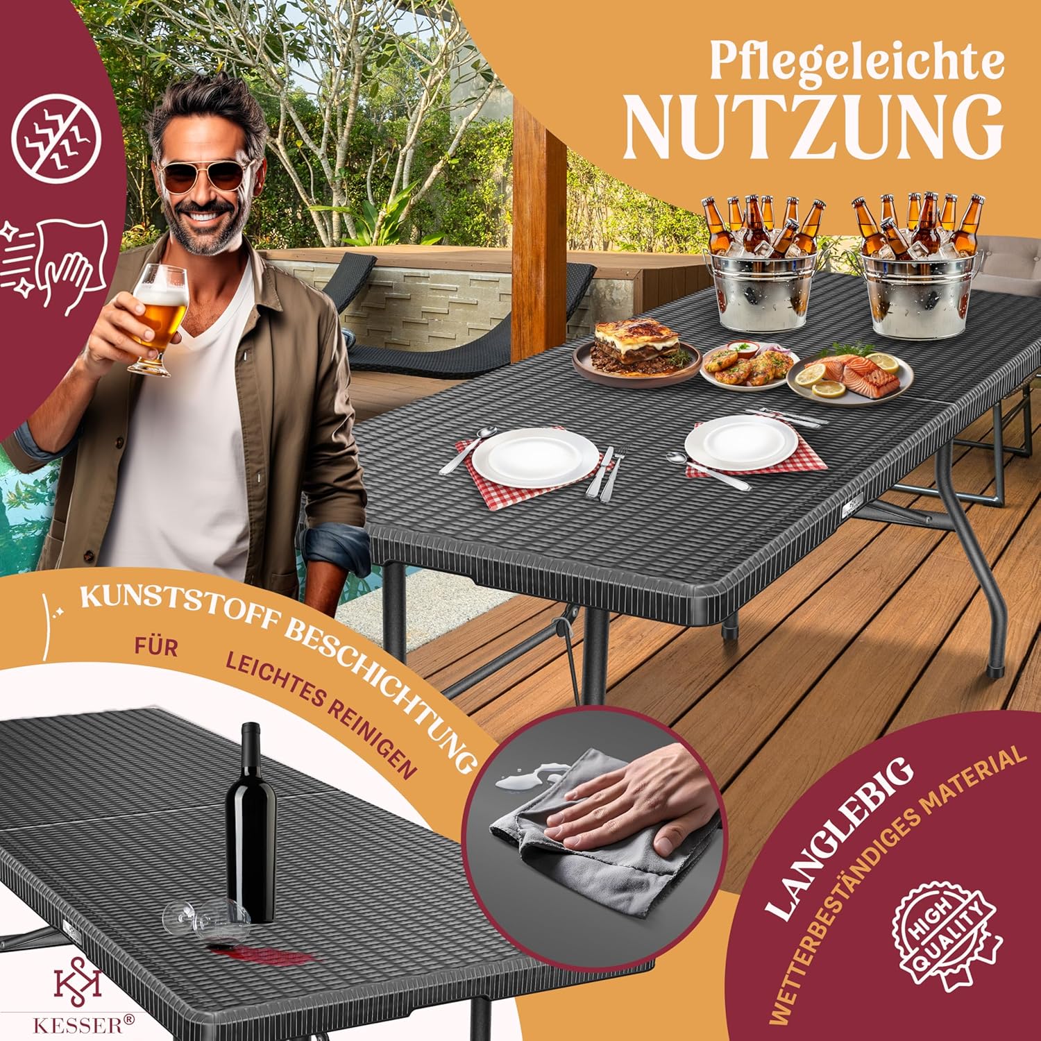 KESSER® Klapptisch 183x76 cm Rattan‑Optik – Garten & Balkon, 6 Personen
