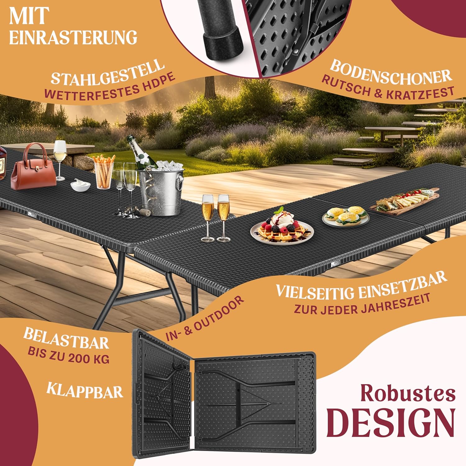 KESSER® Klapptisch 183x76 cm Rattan‑Optik – Garten & Balkon, 6 Personen