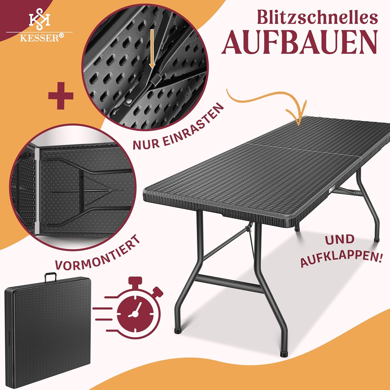 KESSER® Klapptisch 183x76 cm Rattan‑Optik – Garten & Balkon, 6 Personen