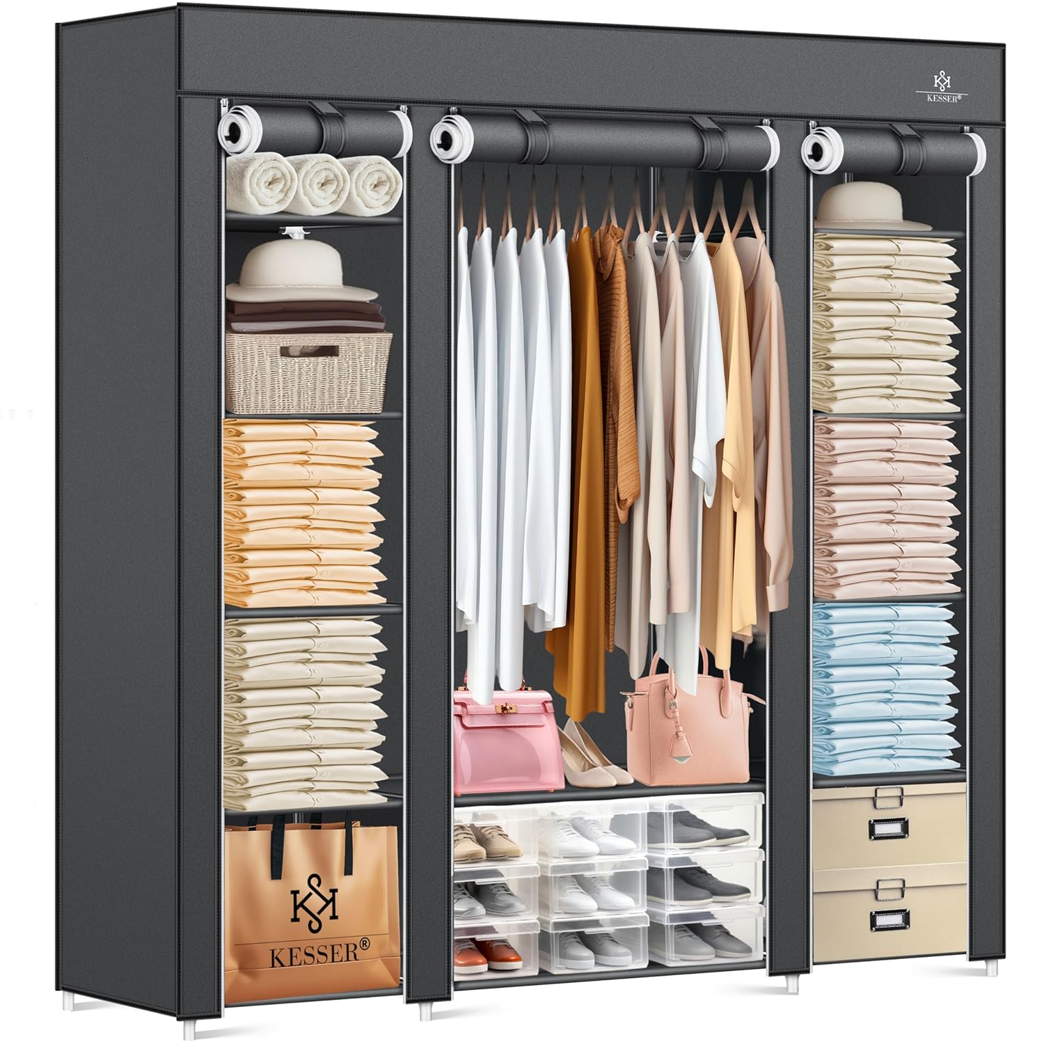 KESSER® Kleiderschrank Stoff inkl. 5 Kleiderbügel, Kleiderstange & Ablagen, Faltschrank