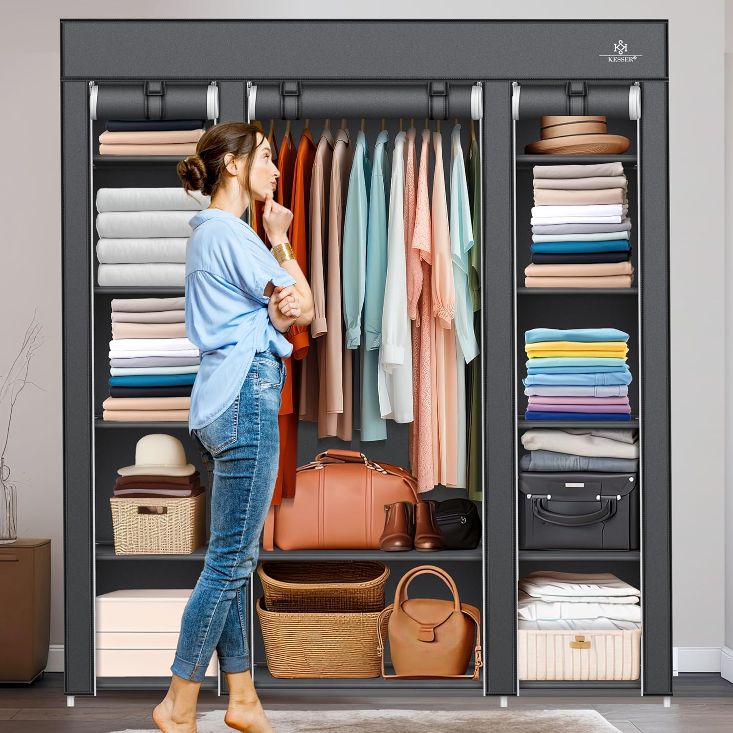 KESSER® Kleiderschrank Stoff inkl. 5 Kleiderbügel, Kleiderstange & Ablagen, Faltschrank