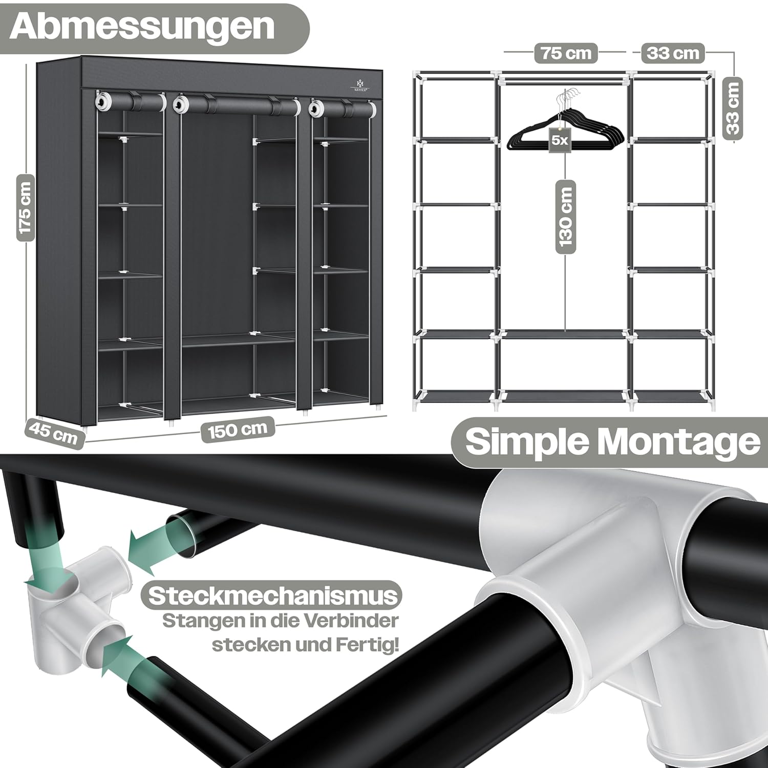 KESSER® Kleiderschrank Stoff inkl. 5 Kleiderbügel, Kleiderstange & Ablagen, Faltschrank