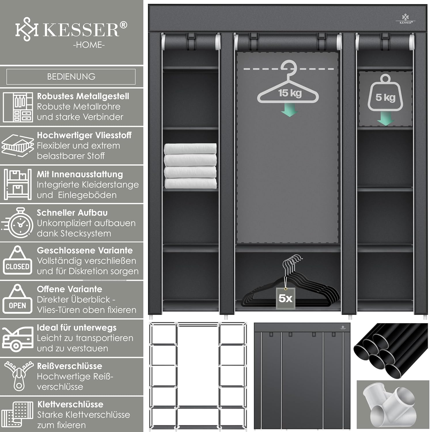 KESSER® Kleiderschrank Stoff inkl. 5 Kleiderbügel, Kleiderstange & Ablagen, Faltschrank