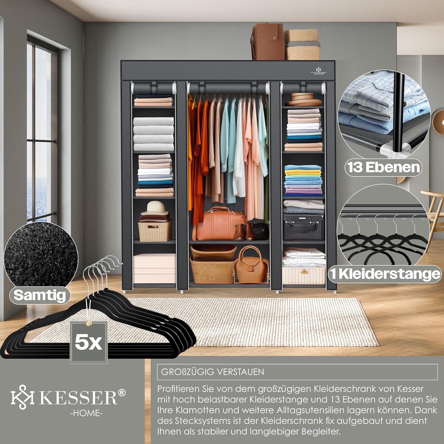 KESSER® Kleiderschrank Stoff inkl. 5 Kleiderbügel, Kleiderstange & Ablagen, Faltschrank