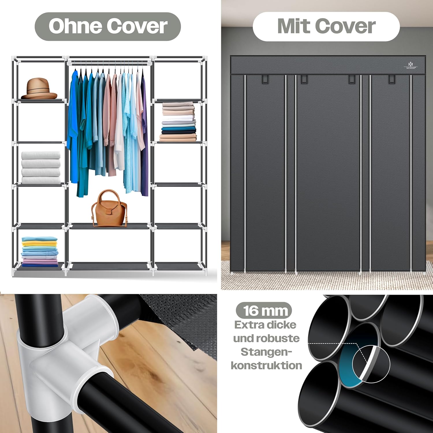 KESSER® Kleiderschrank Stoff inkl. 5 Kleiderbügel, Kleiderstange & Ablagen, Faltschrank