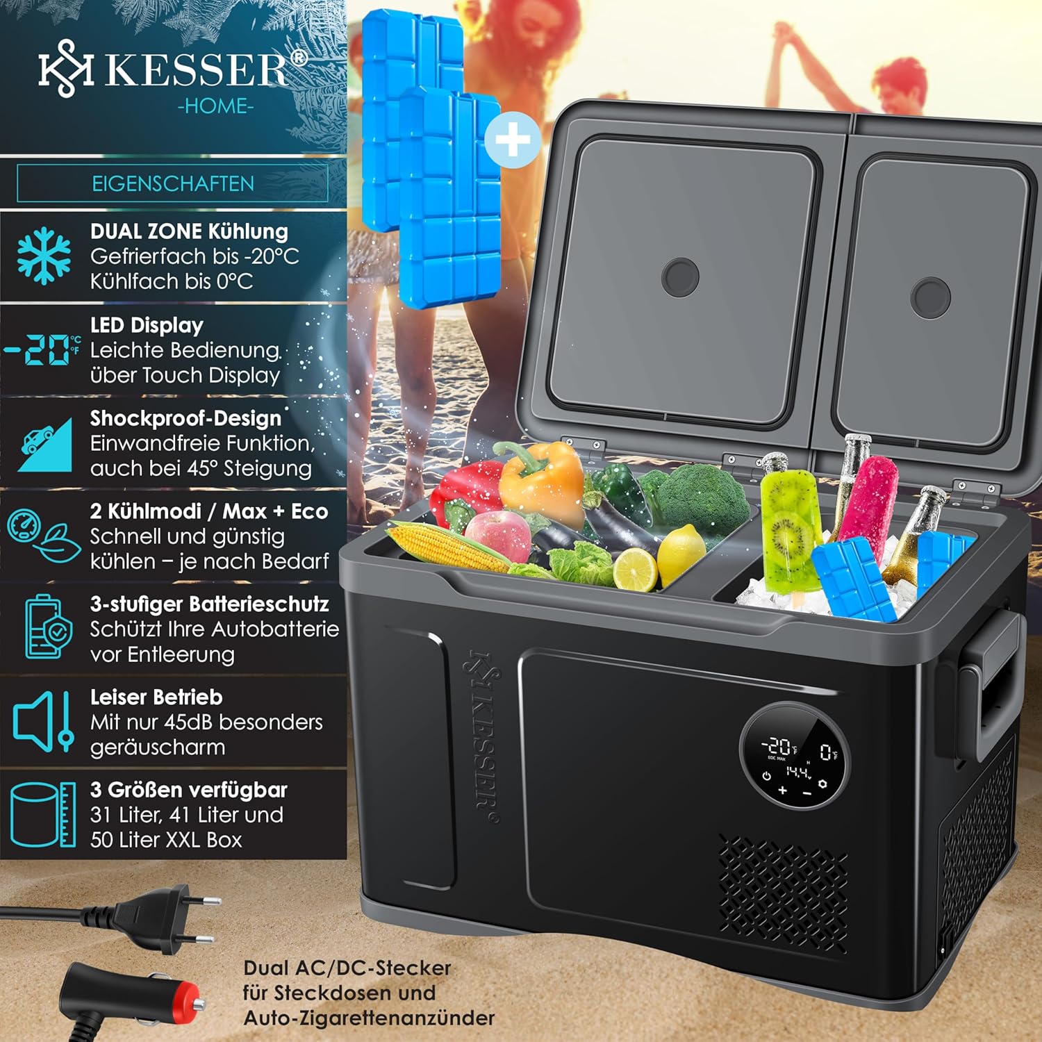 KESSER® Kompressor Kühlbox 2in1 – Kühl & Gefrier bis -20 °C, LED‑Touch
