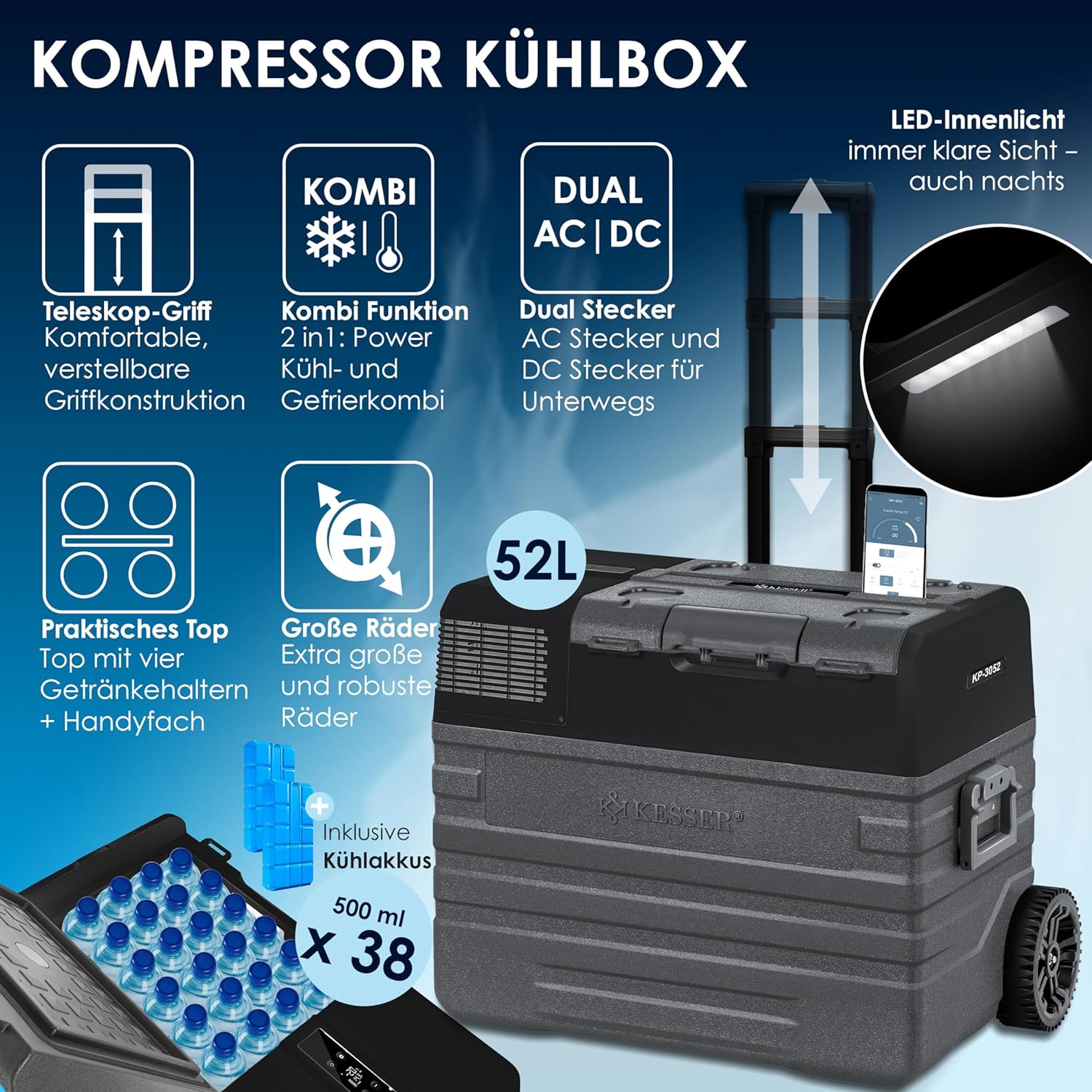 KESSER Kompressor Kühlbox 52 L – APP‑Steuerung, -20 °C, 12/24 V/230 V