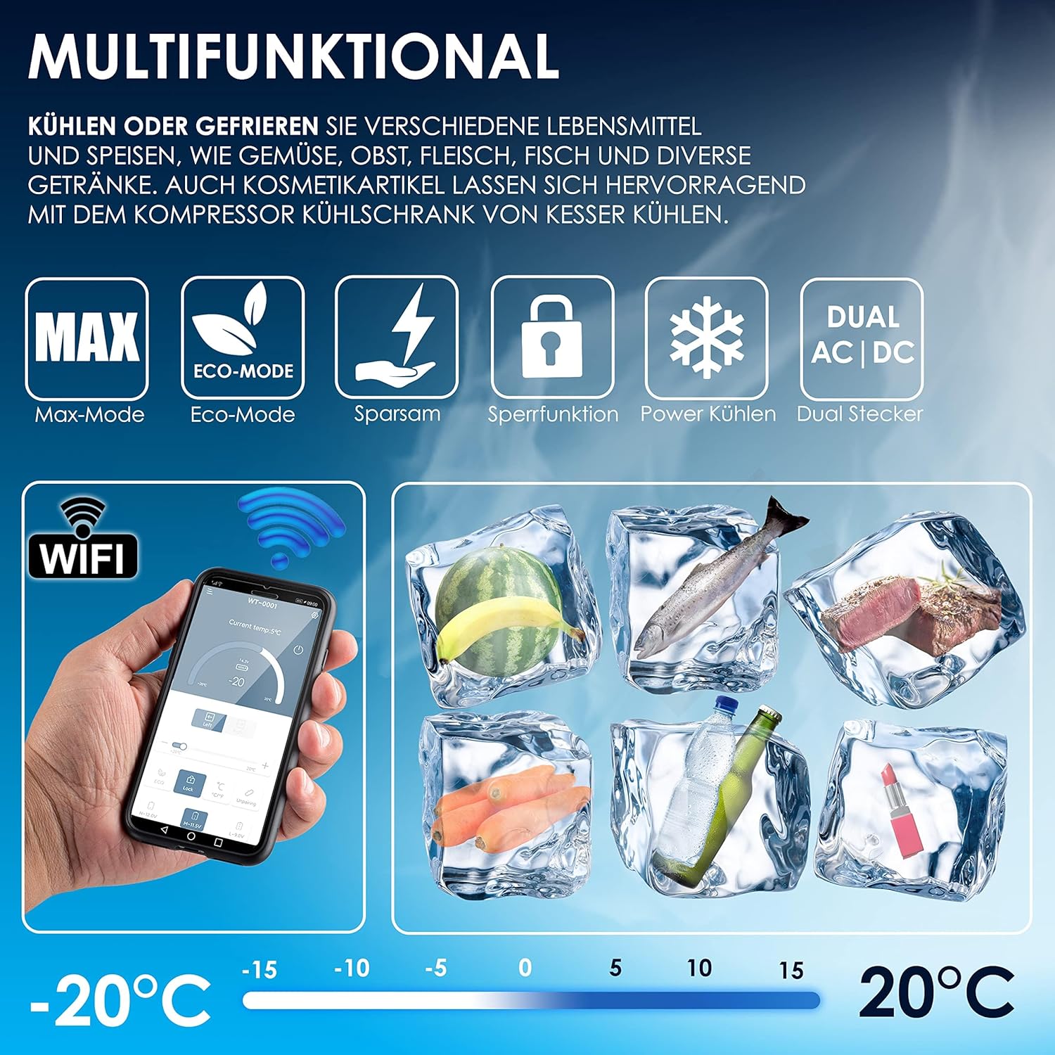 KESSER Kompressor Kühlbox 52 L – APP‑Steuerung, -20 °C, 12/24 V/230 V
