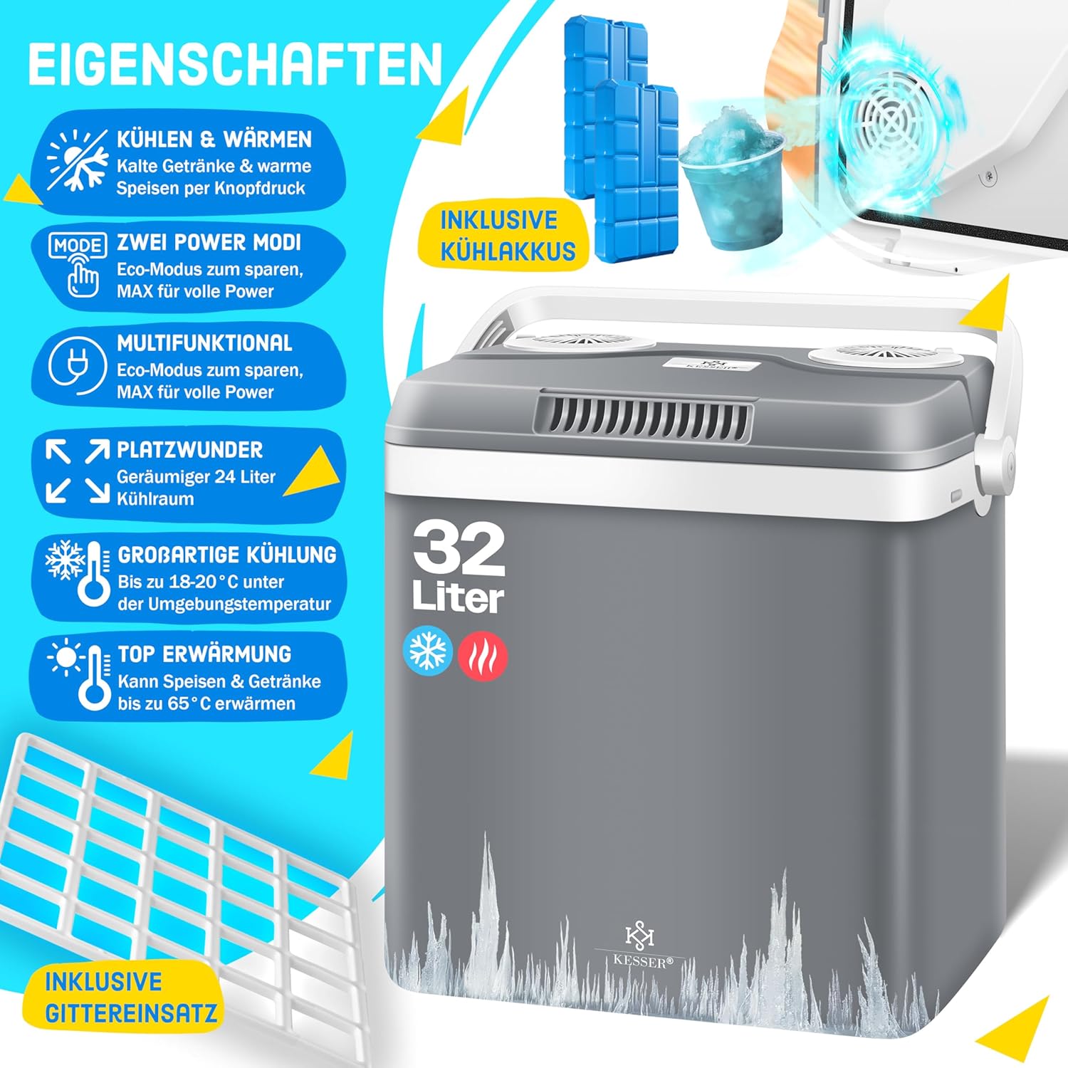 KESSER Kühlbox 32 L Thermo‑elektrisch kühl & wärmt 12 V/230 V ECO‑MAX