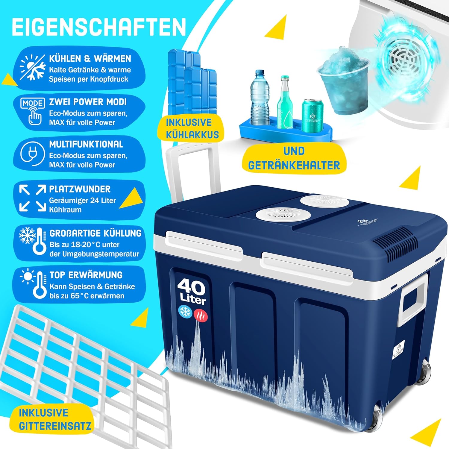 KESSER Kühlbox 40L thermo‑elektrisch – kühlt & wärmt, 12/230 V, Rollen