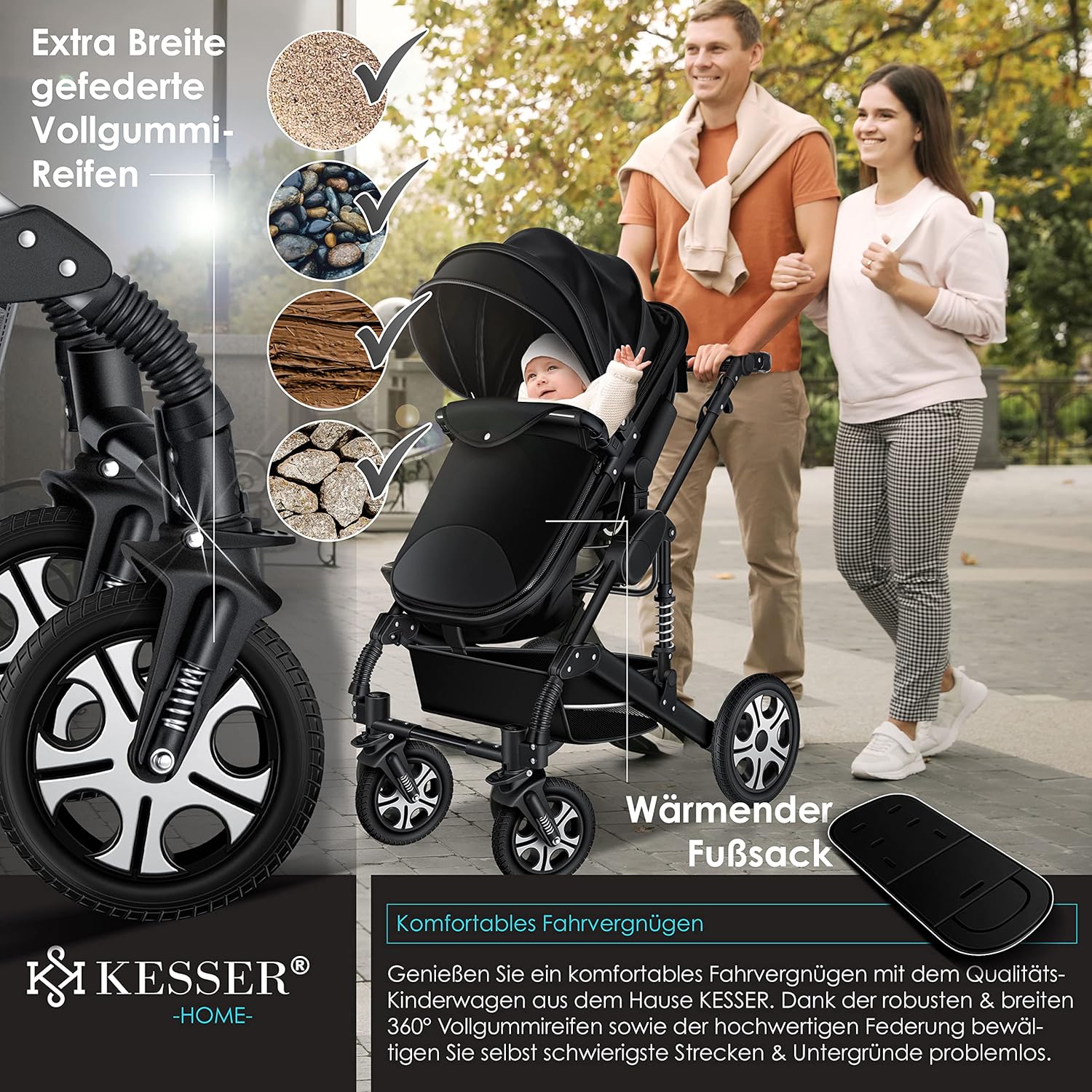KESSER Loops 3‑in‑1 Kinderwagen – Kombi‑Buggy, Voll‑Gummireifen & Auto‑Babyschale