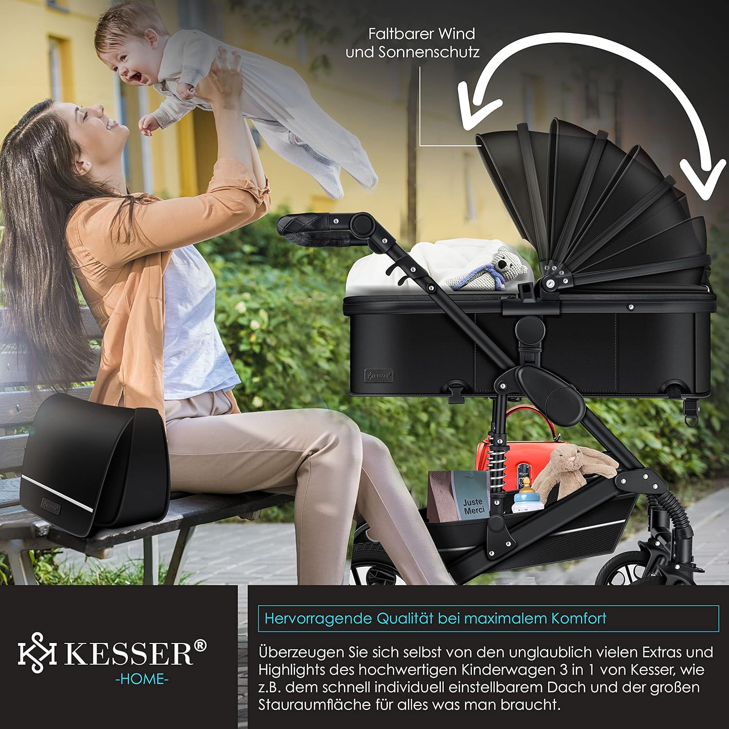 KESSER Loops 3‑in‑1 Kinderwagen – Kombi‑Buggy, Voll‑Gummireifen & Auto‑Babyschale