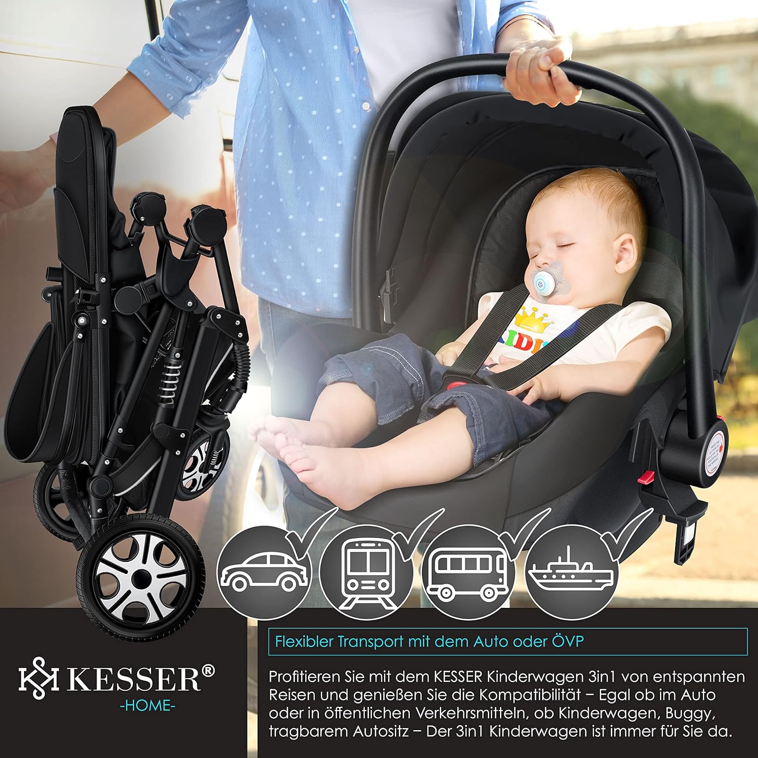 KESSER Loops 3‑in‑1 Kinderwagen – Kombi‑Buggy, Voll‑Gummireifen & Auto‑Babyschale