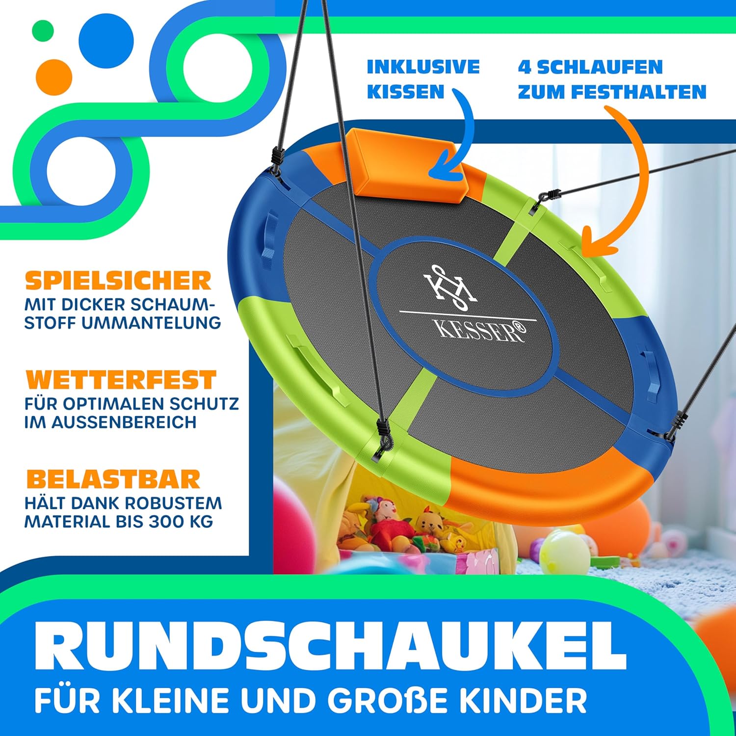 KESSER® Nestschaukel Ø 100 cm – 300 kg Tragkraft – 4 verstellbare Griffe – inkl. Kissen, Indoor/Outdoor