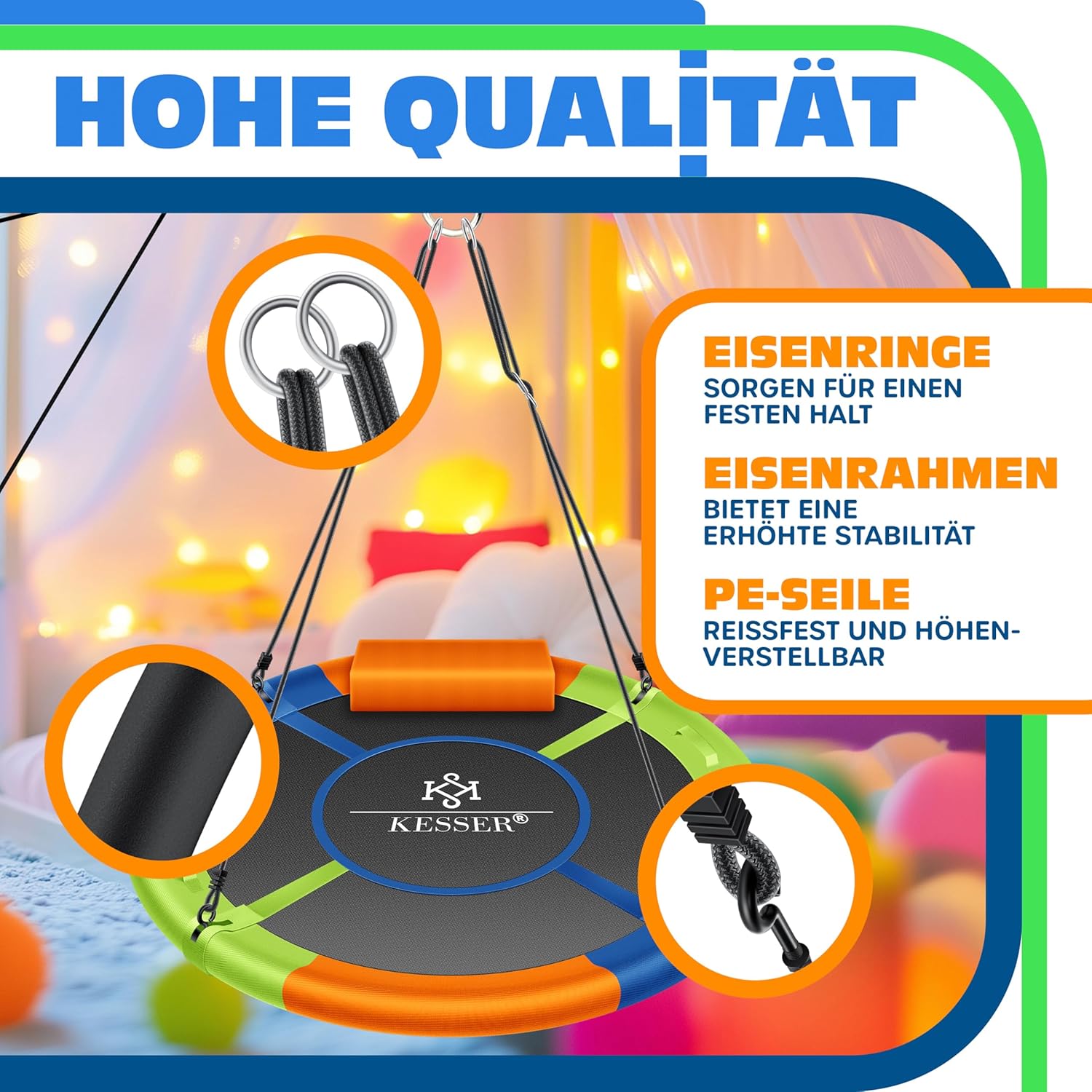 KESSER® Nestschaukel Ø 100 cm – 300 kg Tragkraft – 4 verstellbare Griffe – inkl. Kissen, Indoor/Outdoor