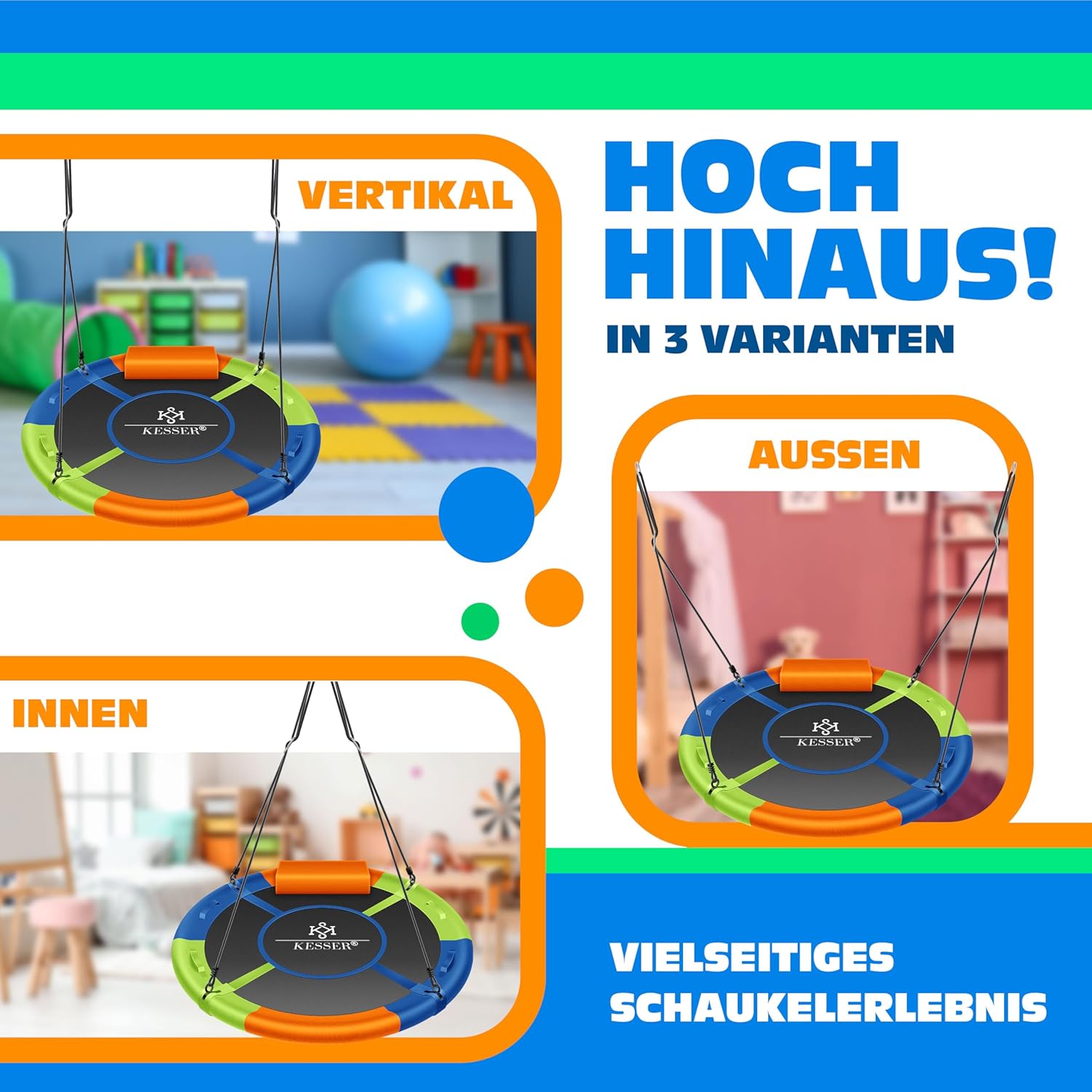 KESSER® Nestschaukel Ø 100 cm – 300 kg Tragkraft – 4 verstellbare Griffe – inkl. Kissen, Indoor/Outdoor
