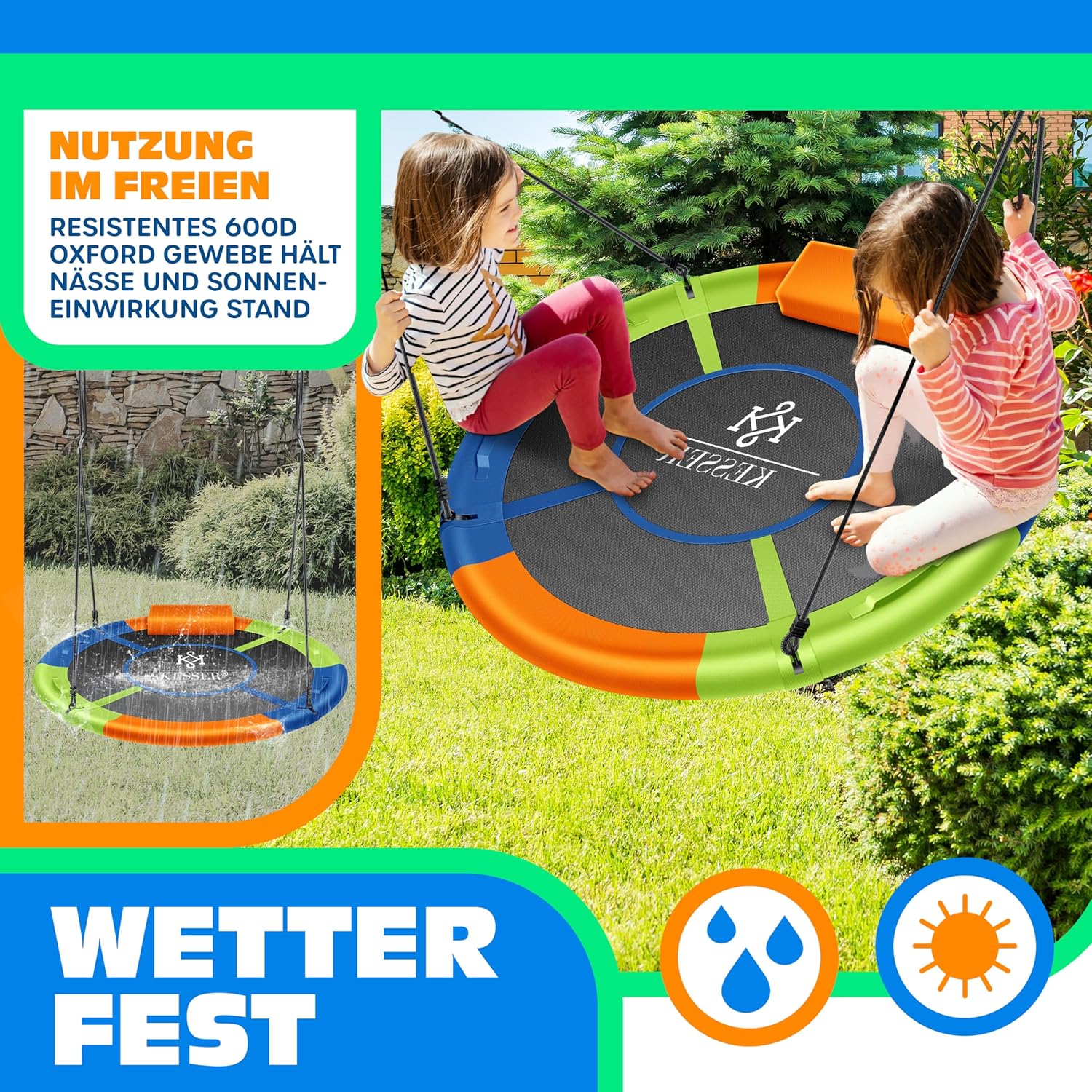 KESSER® Nestschaukel Ø 100 cm – 300 kg Tragkraft – 4 verstellbare Griffe – inkl. Kissen, Indoor/Outdoor