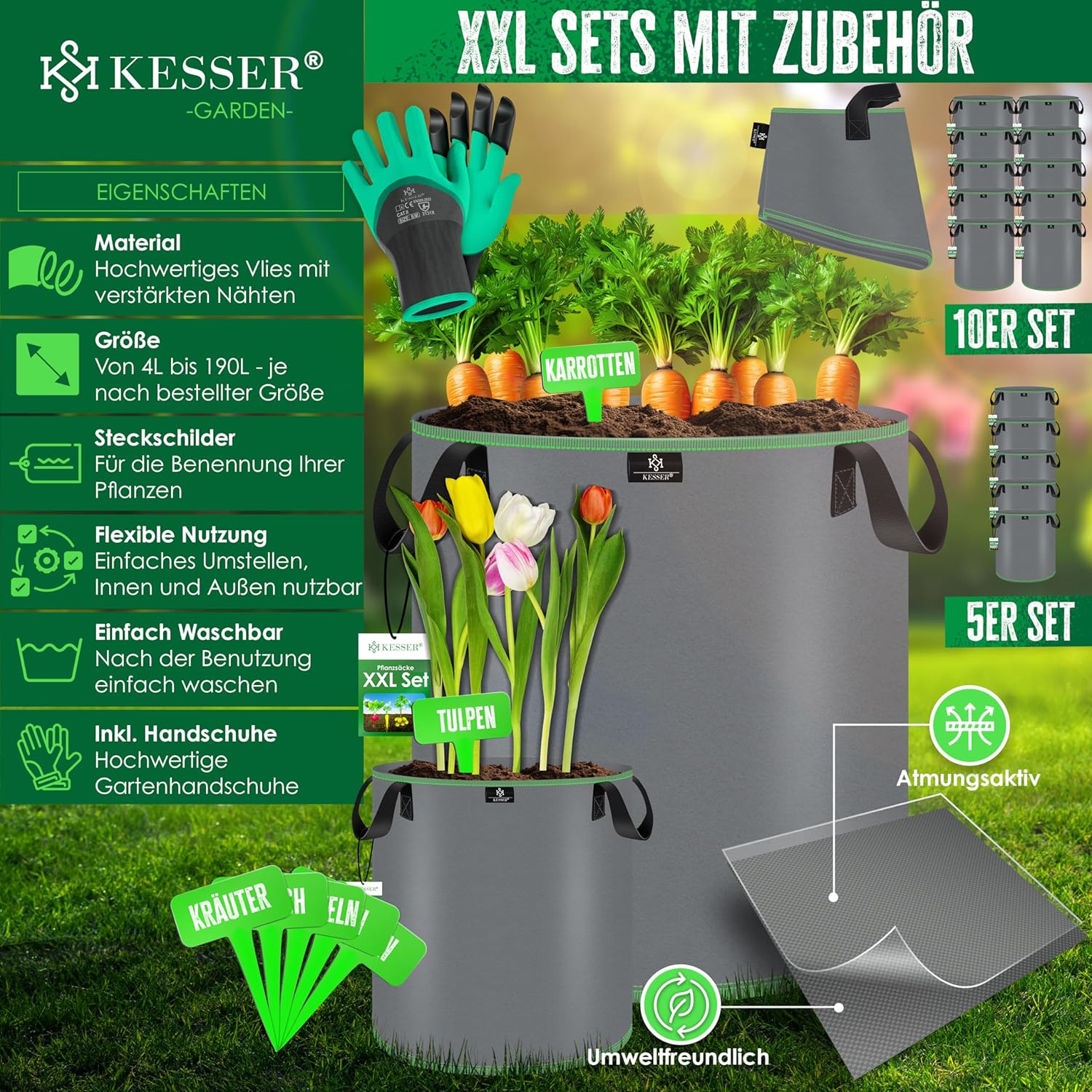 KESSER® Pflanzsack 20 L 5er Set – Vlies, Fenster & Griff, für Gemüse