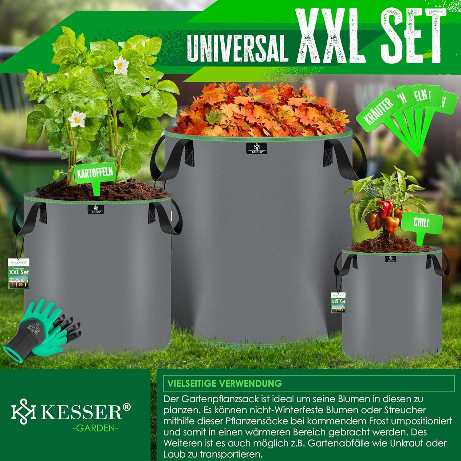 KESSER® Pflanzsack 20 L 5er Set – Vlies, Fenster & Griff, für Gemüse