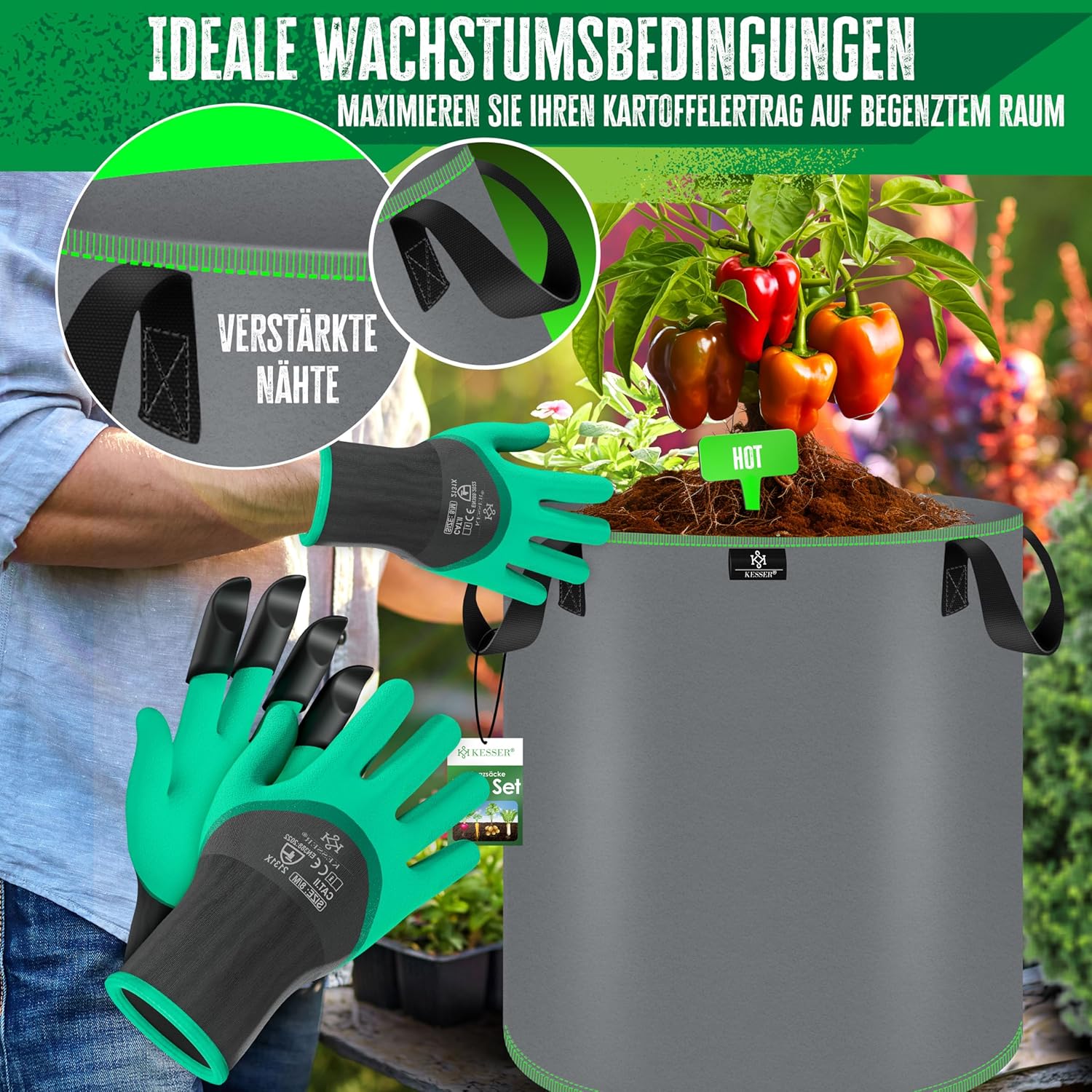 KESSER® Pflanzsack 20 L 5er Set – Vlies, Fenster & Griff, für Gemüse