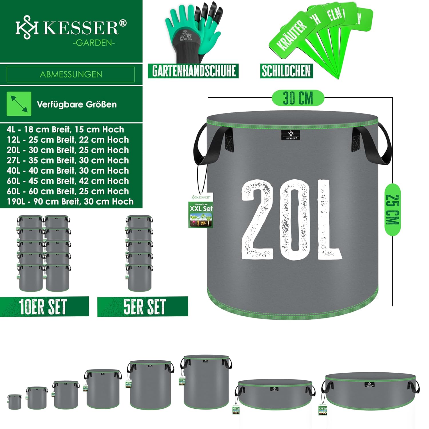 KESSER® Pflanzsack 20 L 5er Set – Vlies, Fenster & Griff, für Gemüse