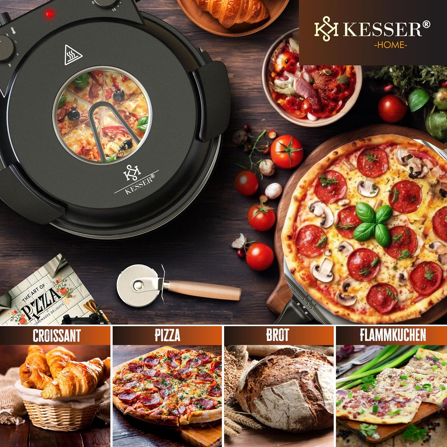 KESSER® Pizza‑Ofen elektrisch 1200 W, 400 °C, Steinplatte, Timer