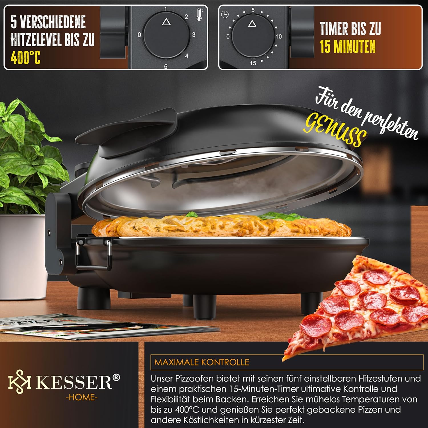 KESSER® Pizza‑Ofen elektrisch 1200 W, 400 °C, Steinplatte, Timer